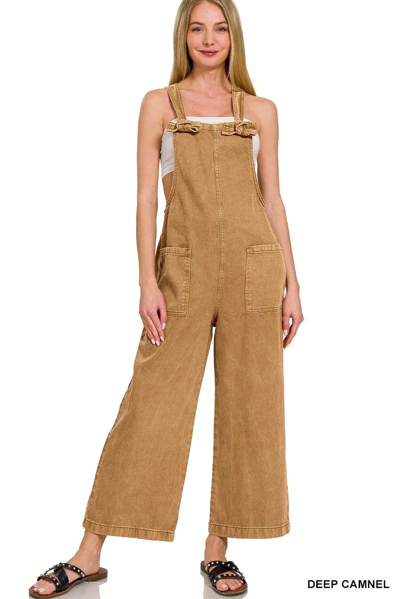 Zenana Washed Knot Strap Pockets Jumpsuit - ELY VESSA LLC