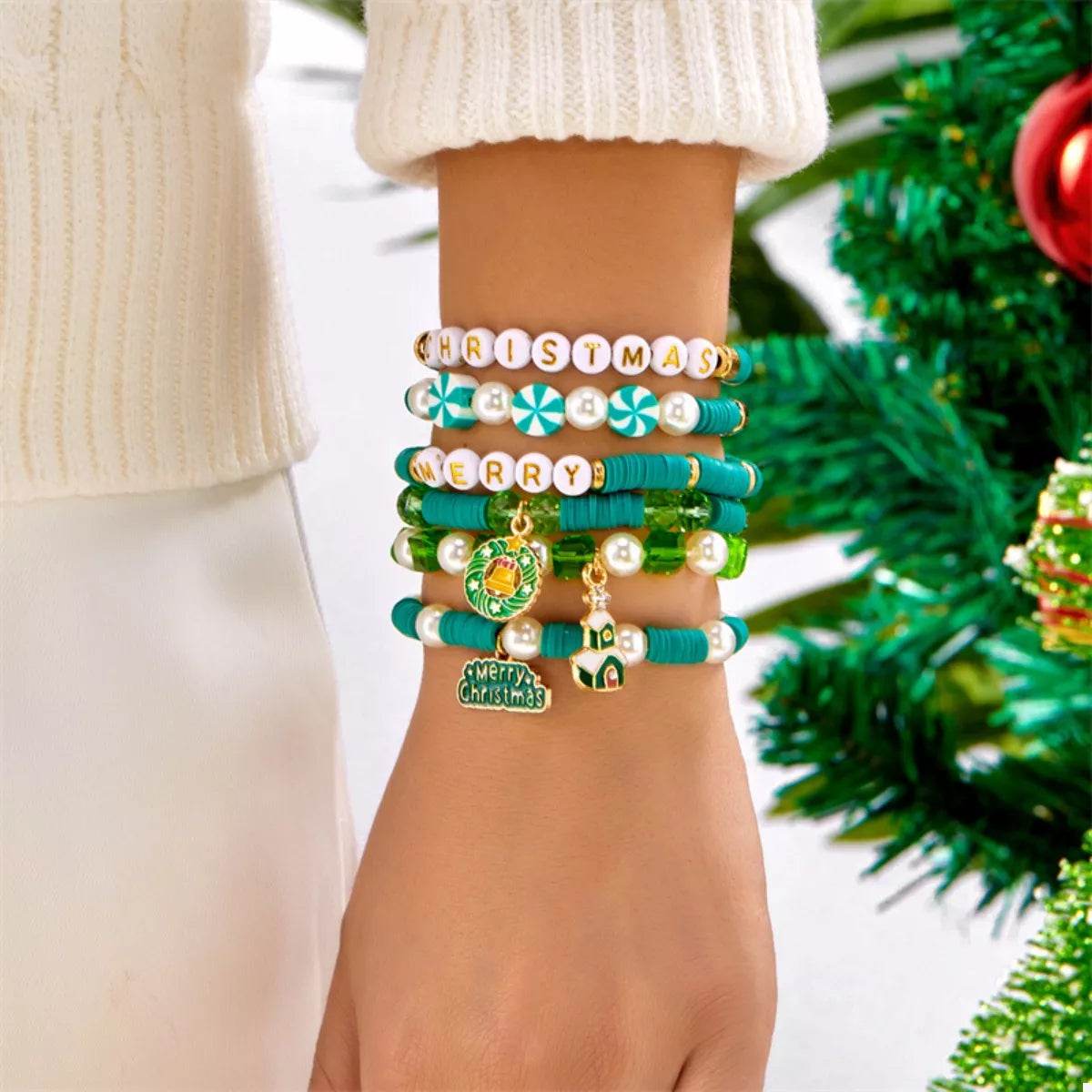 6-Piece Christmas Beaded Bracelet with Pearl Accents - ELY VESSA LLC