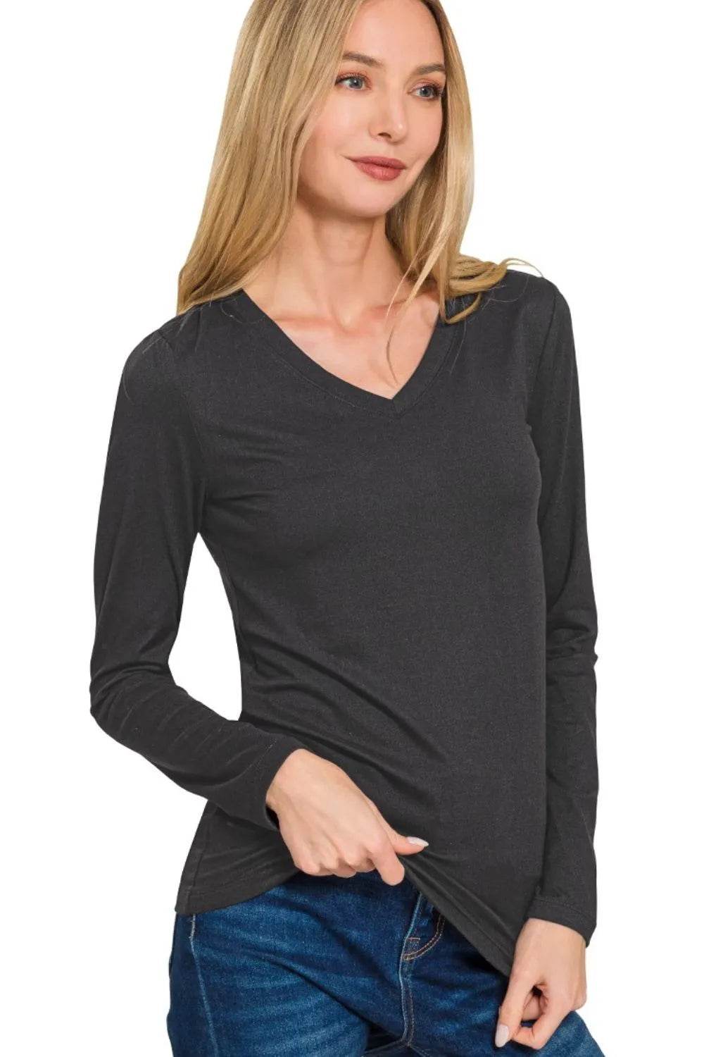 Zenana Brushed Microfiber Long Sleeve V-neck Tee - ELY VESSA LLC