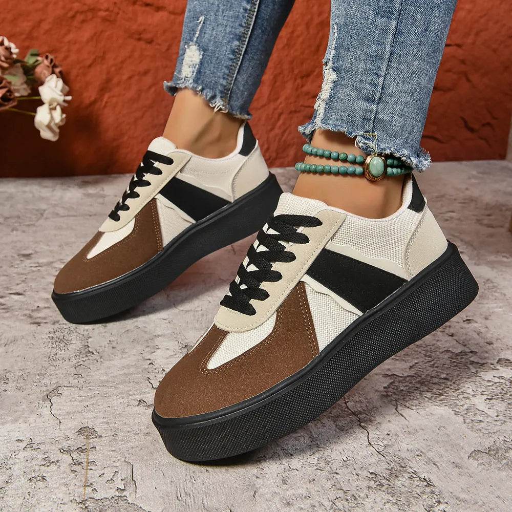 Lace Up Round Toe Contrast Sneakers - ELY VESSA LLC