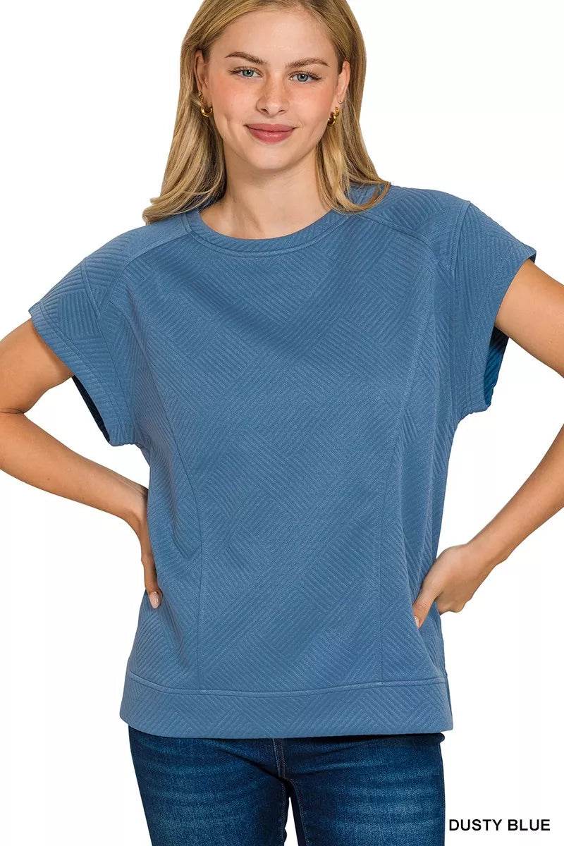 Zenana Textured Knit Jacquard Short Sleeve Top - ELY VESSA LLC