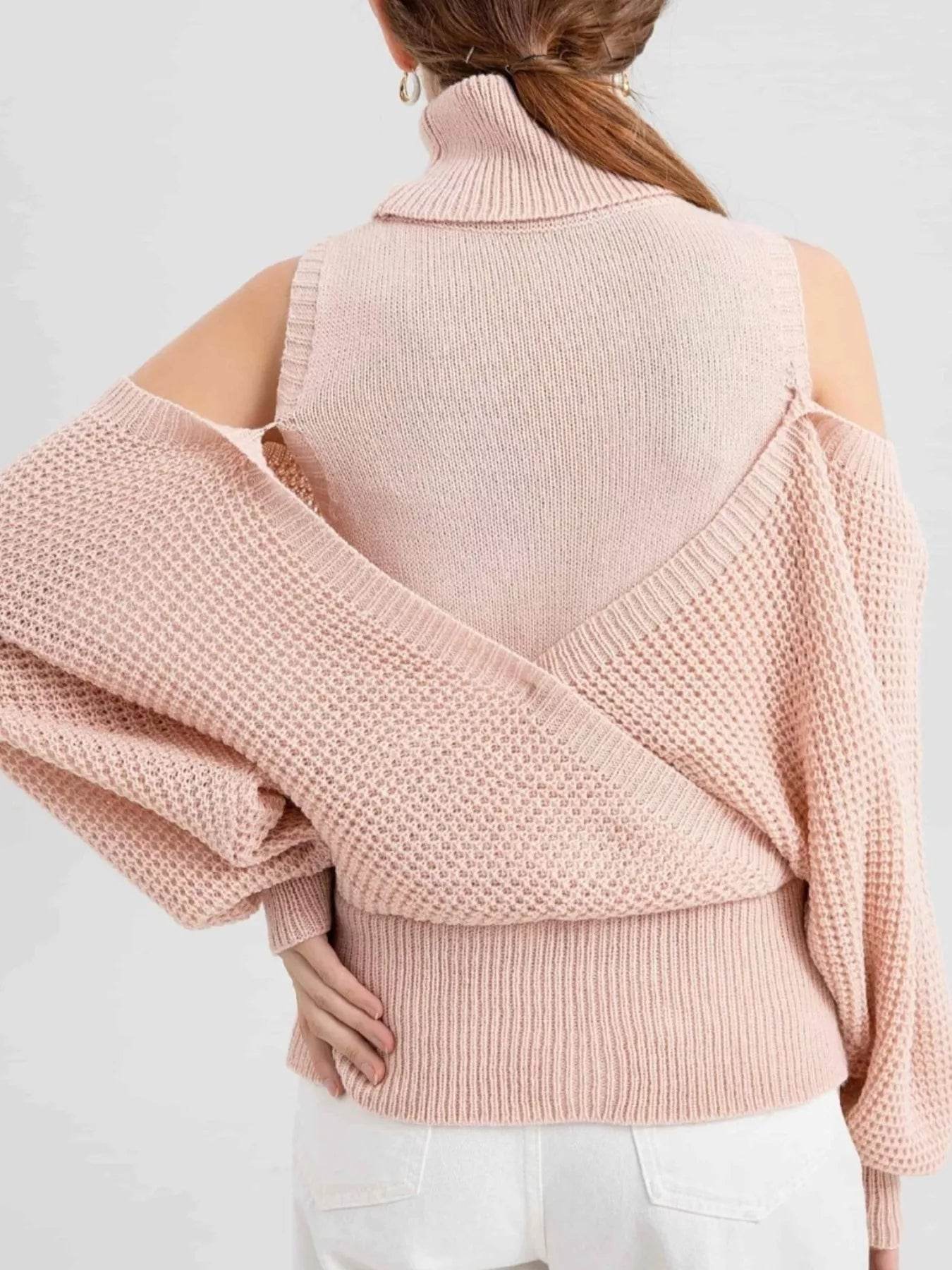 Waffle Knit Cold Shoulder Turtleneck Sweater - ELY VESSA LLC