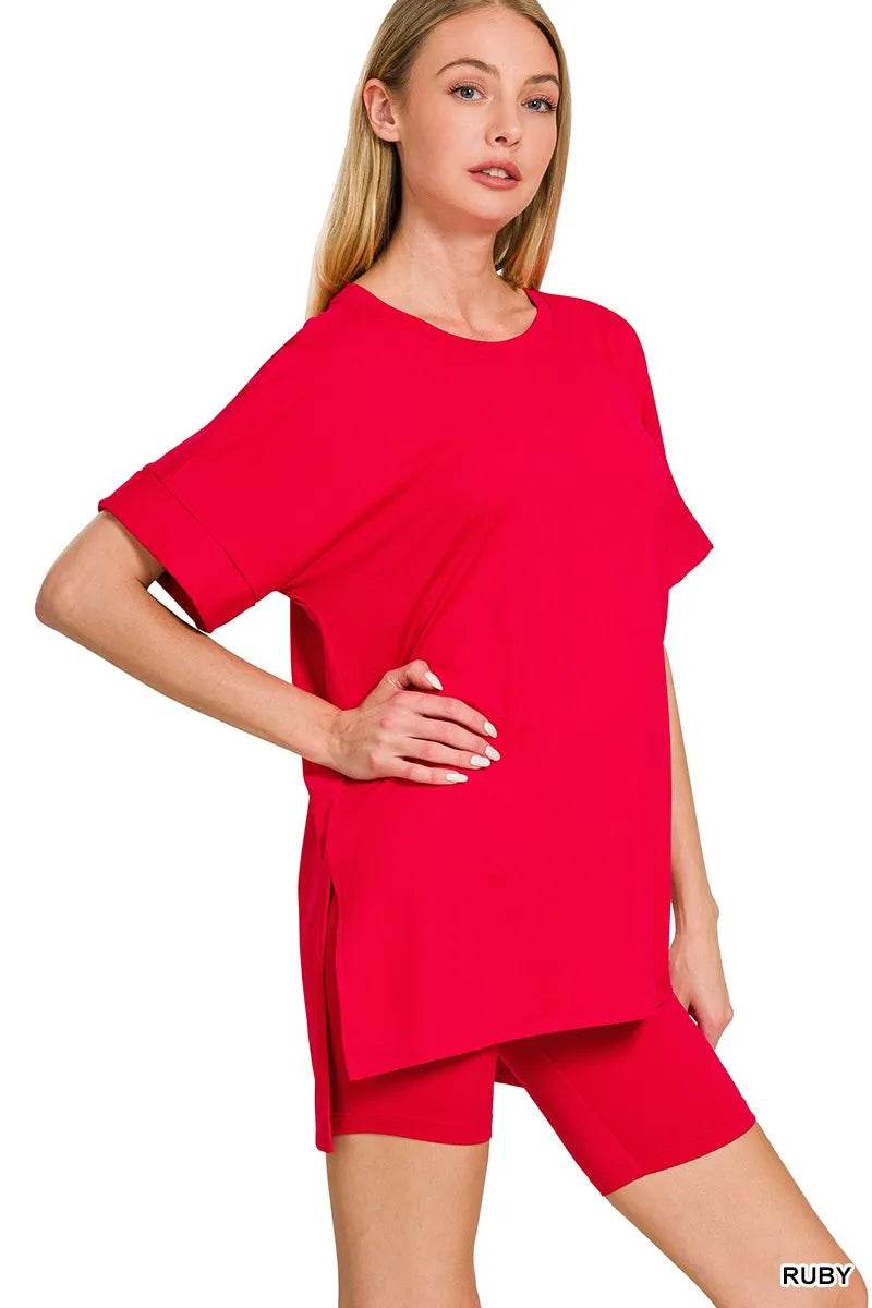 Zenana Full Size Brushed Dty Microfiber Round Neck Top and Biker Shorts Set Plus Size - ELY VESSA LLC