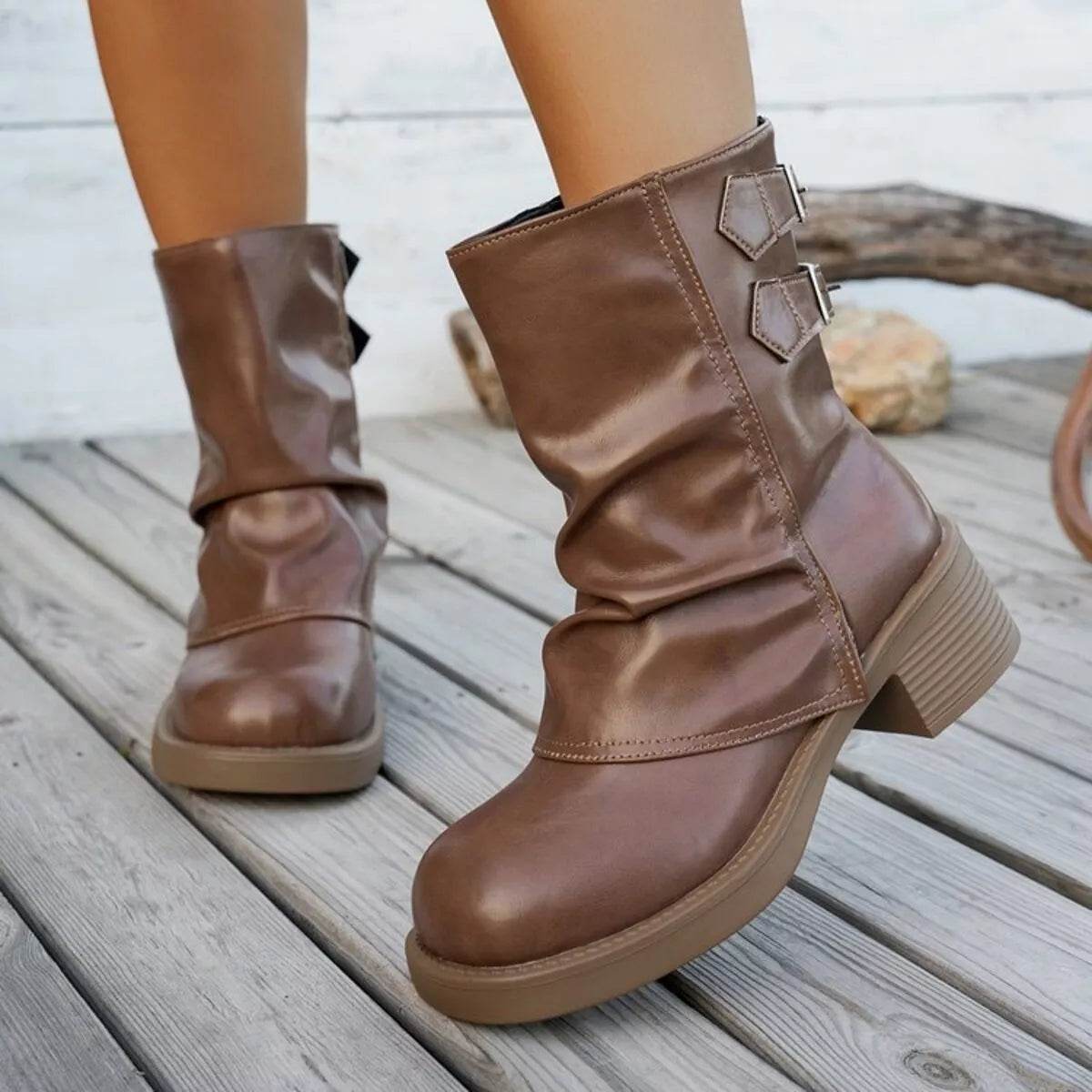 Round Toe Block Heels Boots - ELY VESSA LLC