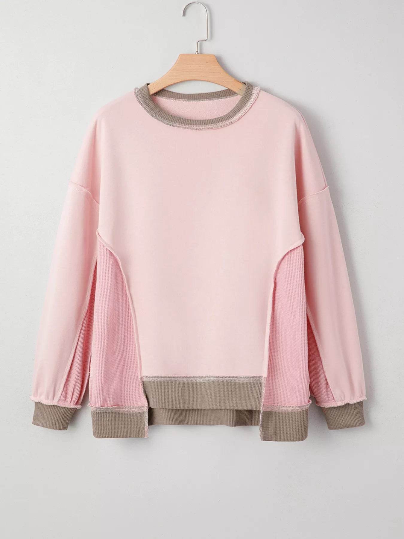 Color Block Mix Texture Waffle Patchwork Oversize Sweatshirt - ELY VESSA LLC