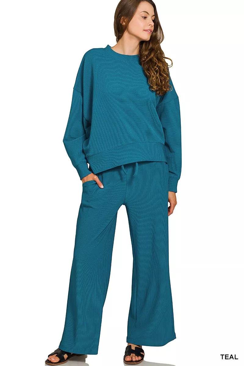 Zenana Ribbed Round Neck Pullover and Drawstring Pants Set - ELY VESSA LLC