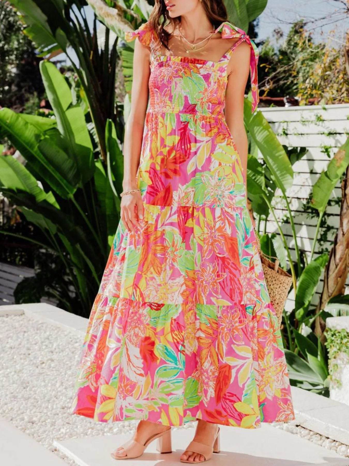 Tropical Print Tie Shoulder Maxi Dress - ELY VESSA LLC