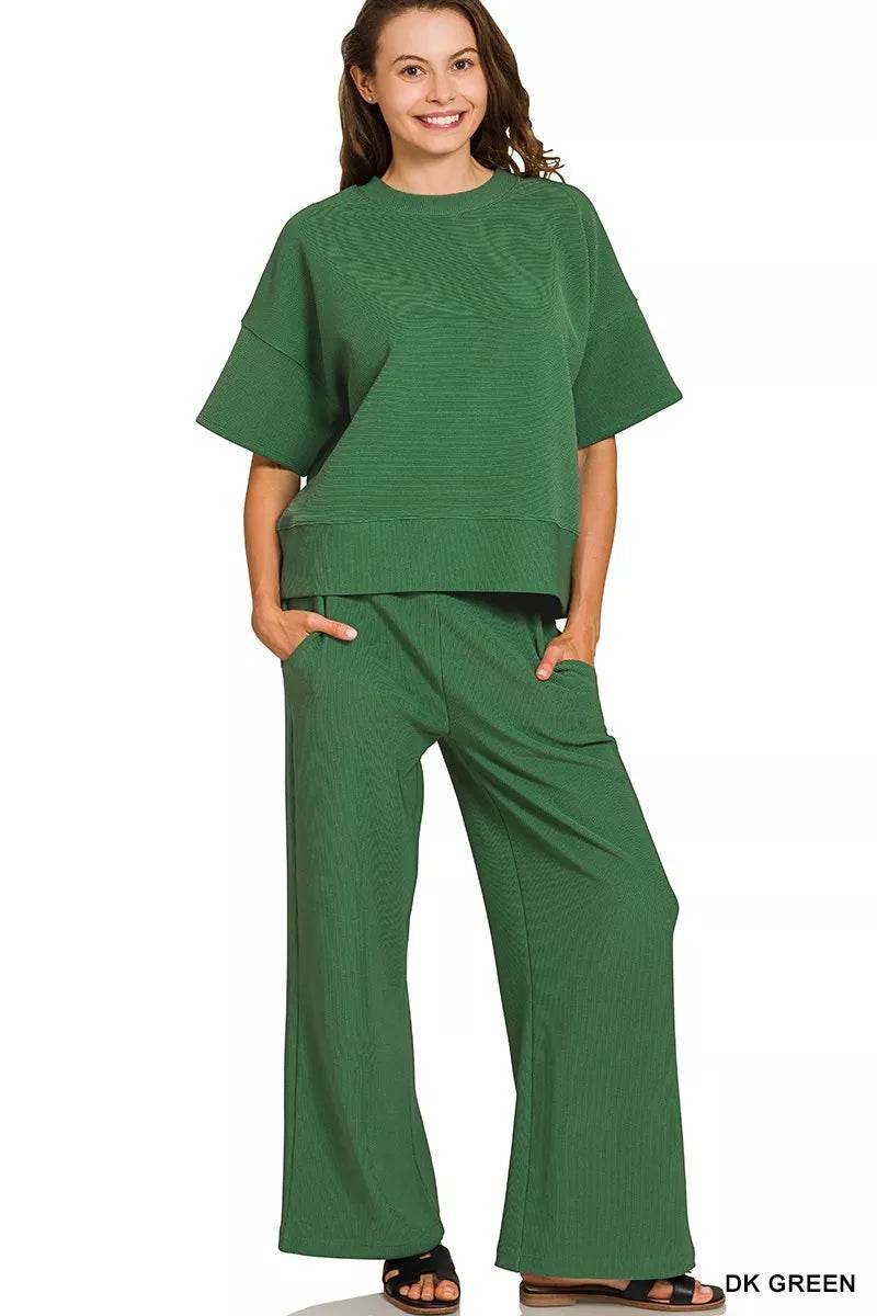 Zenana Ribbed Round Neck Tee & Pants Set - ELY VESSA LLC