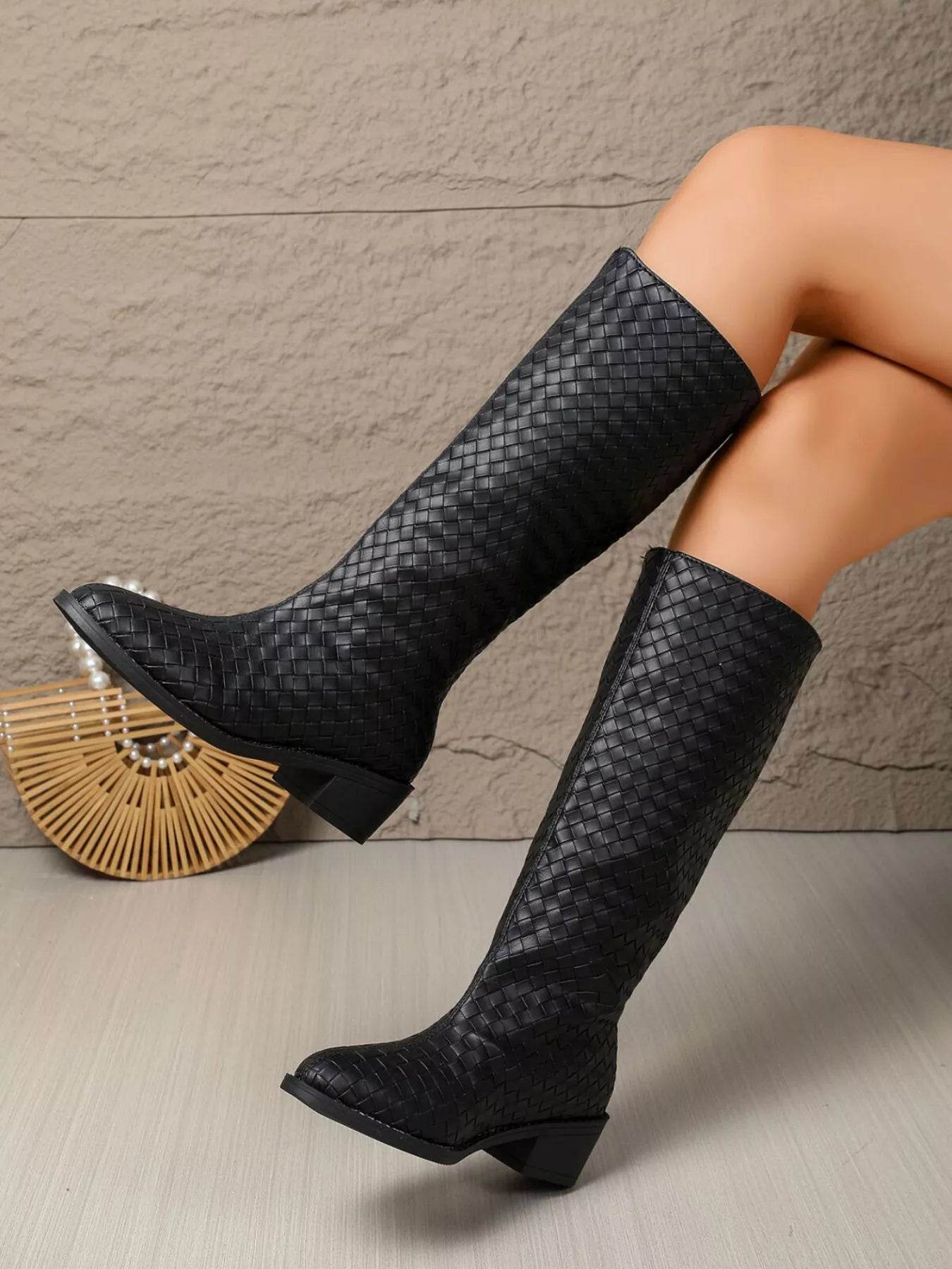 Woven Textured Block Heels Boots - ELY VESSA LLC