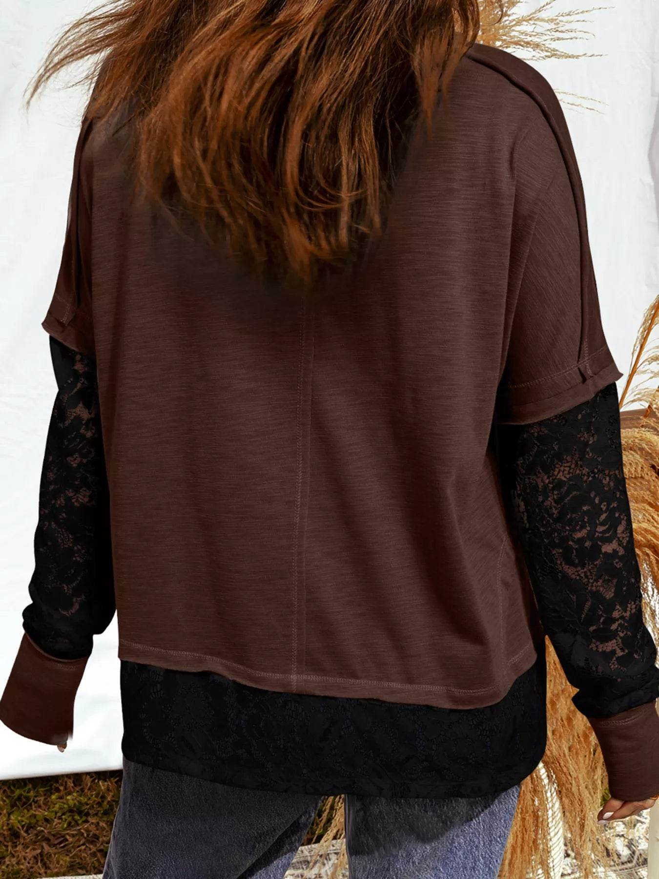 Sheer Lace Patchwork Casual Long Sleeve Top - ELY VESSA LLC