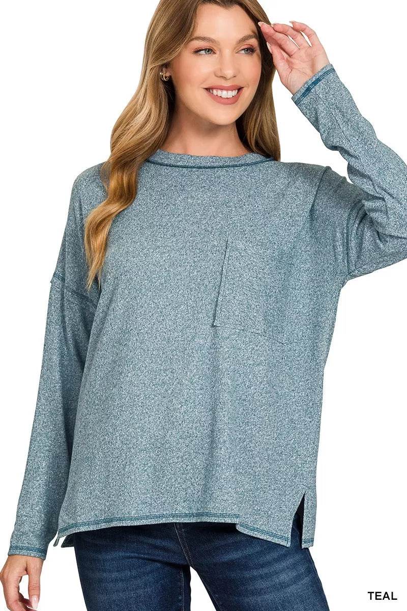 Zenana Soft Melange Hacci Round-Neck Long Sleeve T-Shirt - ELY VESSA LLC