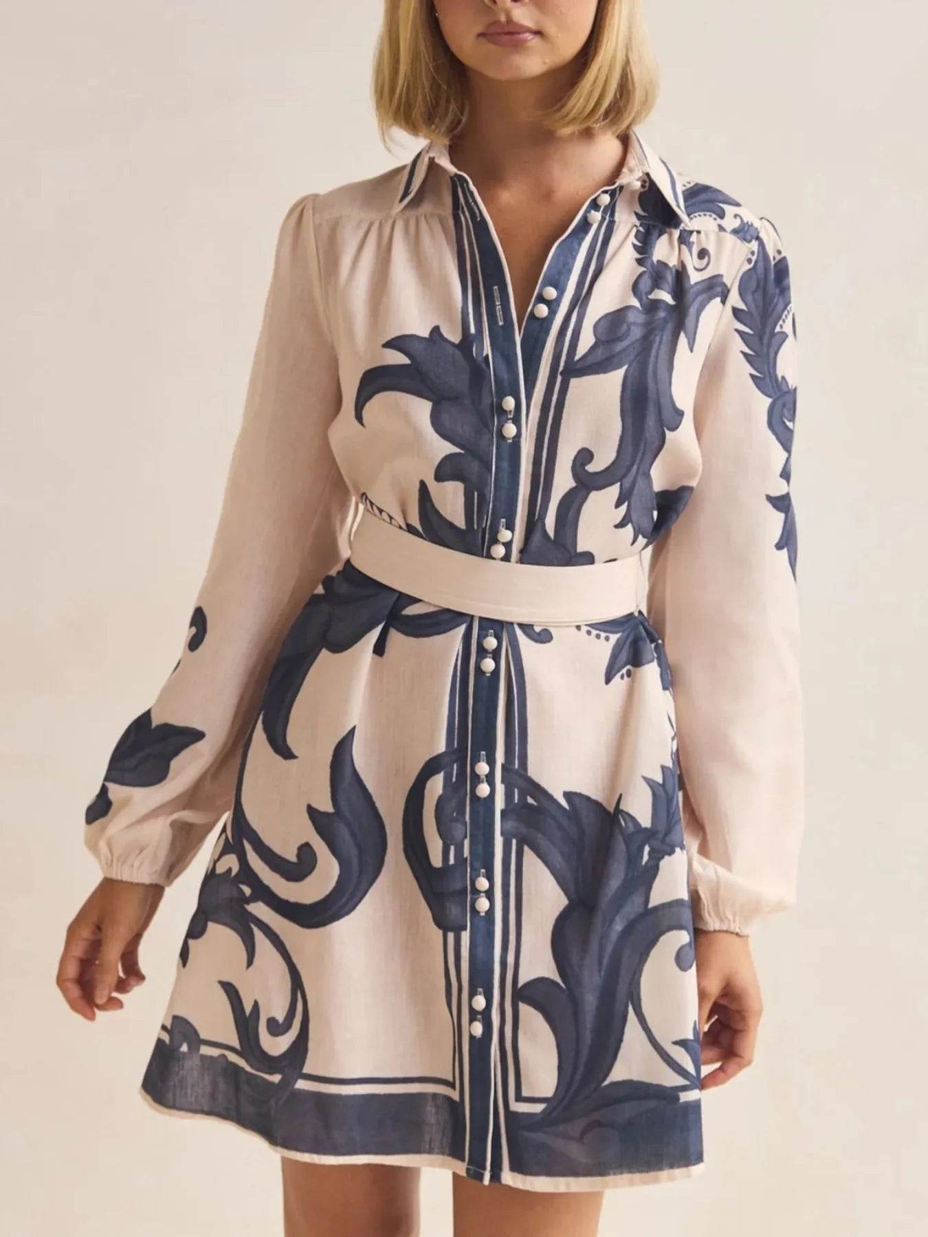 Printed Long Sleeve Shirt Dress - ELY VESSA LLC