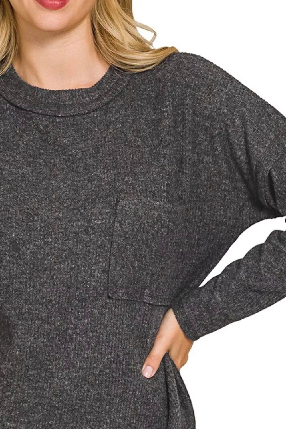 Zenana Ribbed Brushed Melange Hacci Sweater with Chest Pocket - ELY VESSA LLC
