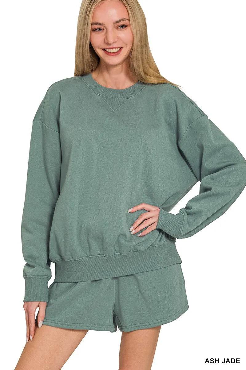 Zenana Fleece Long Sleeve Sweatshirts & Shorts Set - ELY VESSA LLC