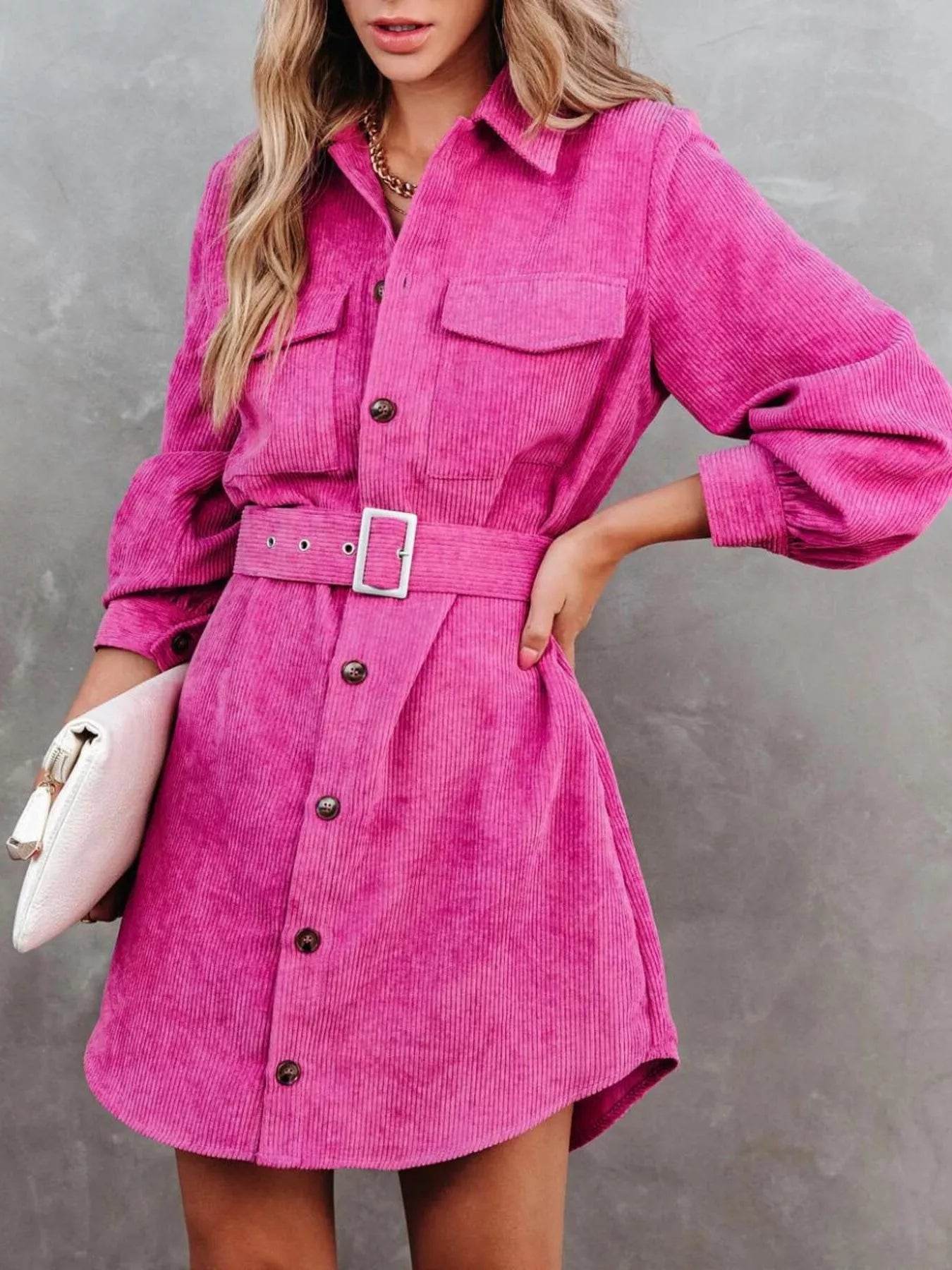 Button Front Belt Long Sleeve Corduroy Dress - ELY VESSA LLC