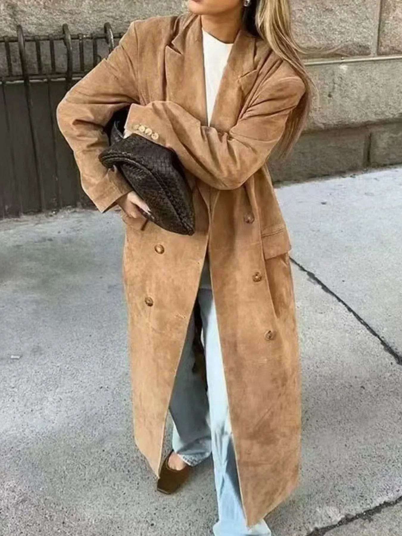 Double-Breasted Lapel Collar Long Coat - ELY VESSA LLC