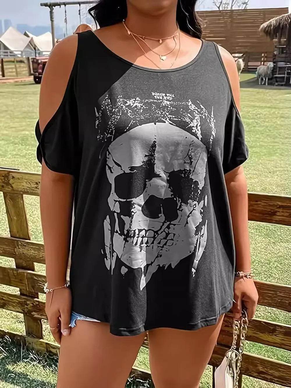 Plus Size Skeleton Graphic Round Neck Cold Shoulder T-Shirt - ELY VESSA LLC