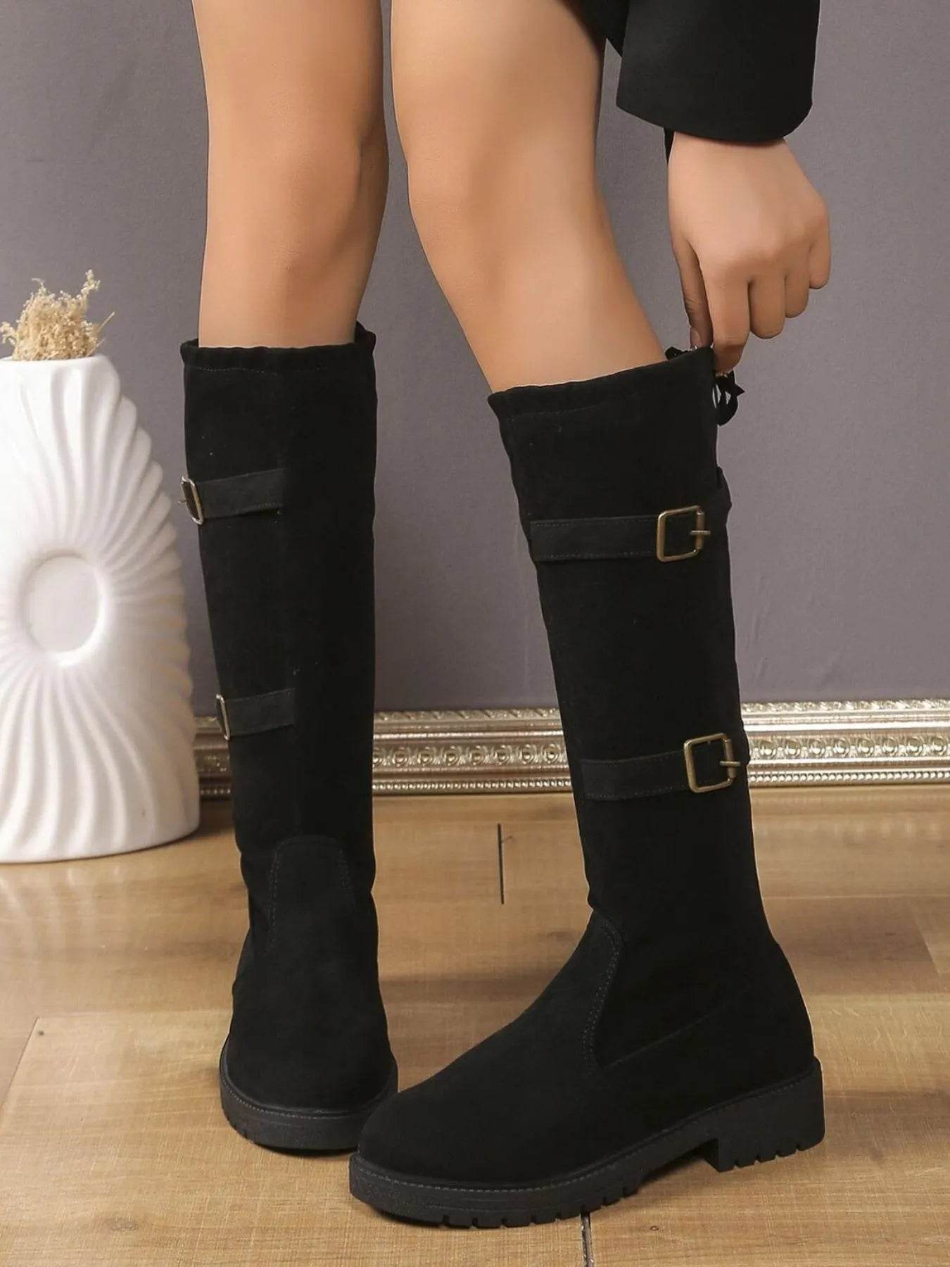 Suede Knee-High Combat Boots with Double Buckle Straps - ELY VESSA LLC