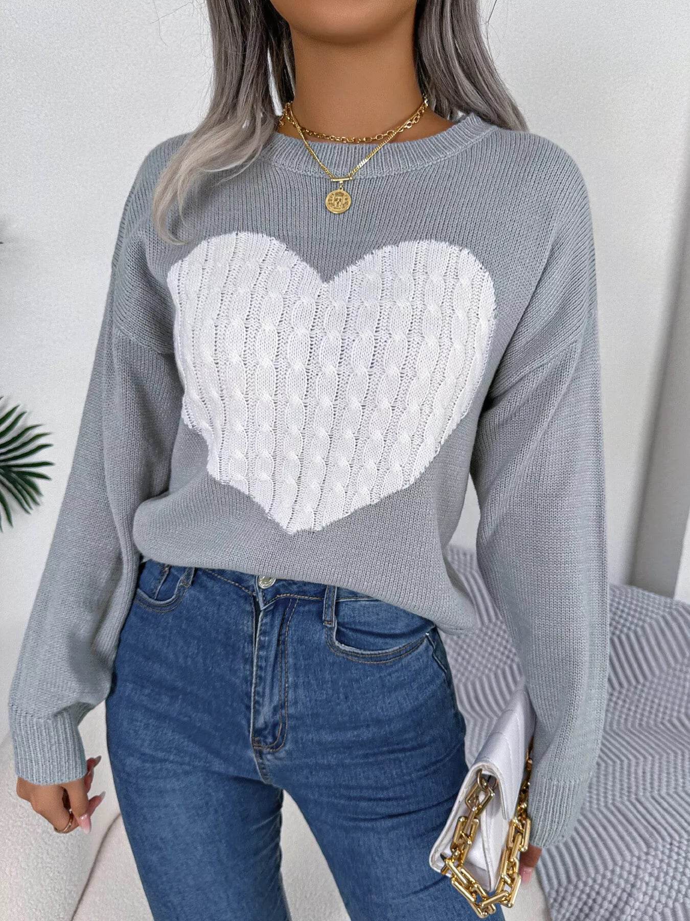 Cable Knit Heart Round Neck Sweater - ELY VESSA LLC