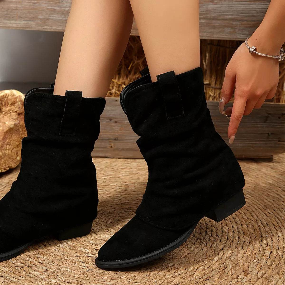 Point Toe Block Heels Boots - ELY VESSA LLC