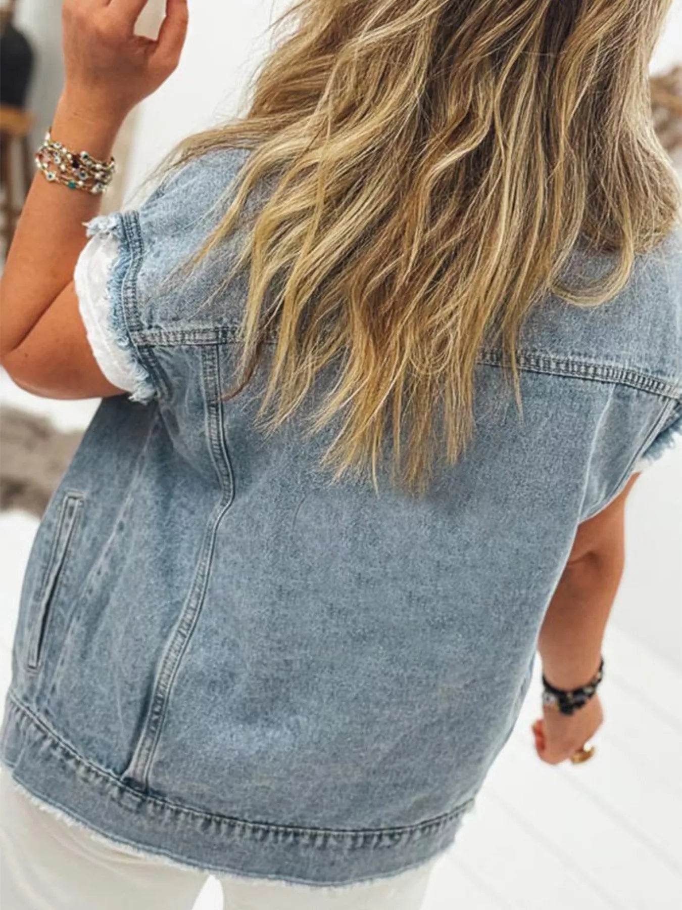 Button Flap Pocket Frayed Detail Denim Vest - ELY VESSA LLC