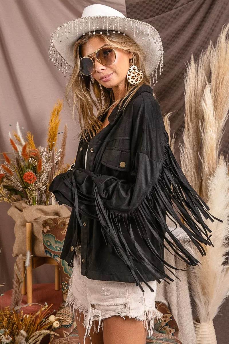 BiBi Suede Fringe Long Sleeve Jacket - ELY VESSA LLC