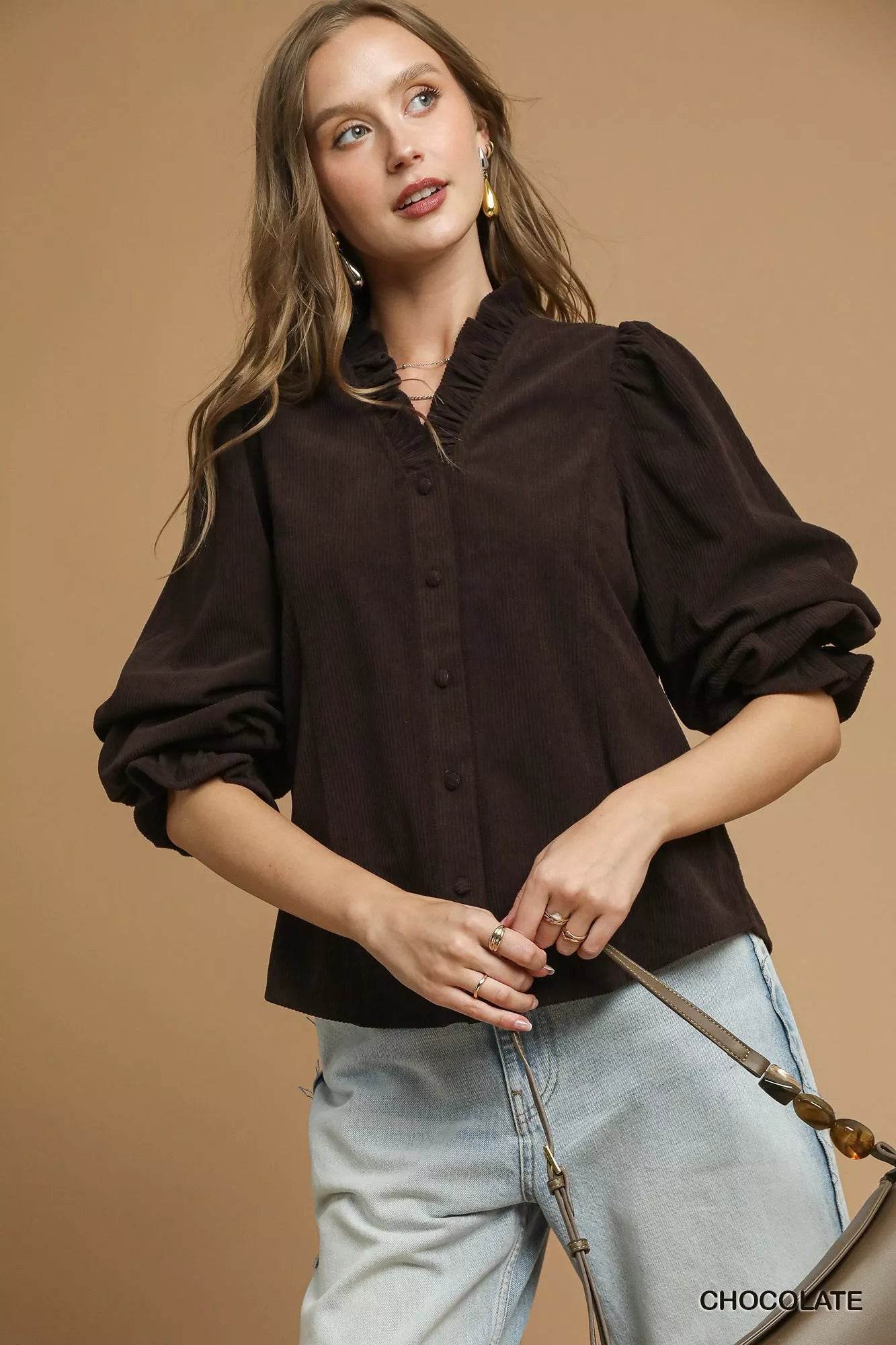 Umgee Corduroy Ruffle Shirt with Long Puff Sleeves - ELY VESSA LLC