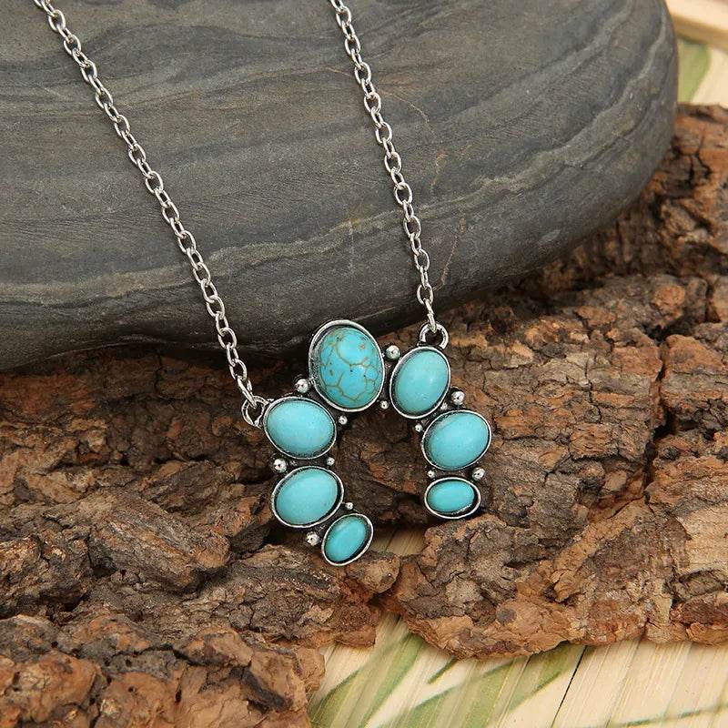 Artificial Turquoise Alloy Pendant Necklace - ELY VESSA LLC