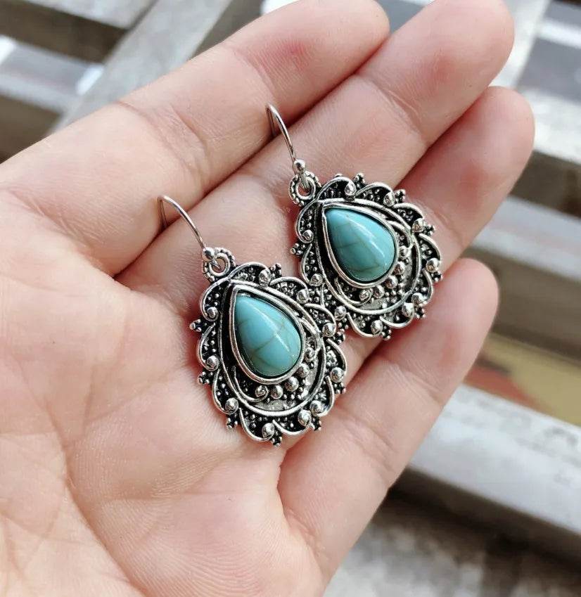 Artificial Turquoise Alloy Teardrop Dangle Earrings - ELY VESSA LLC