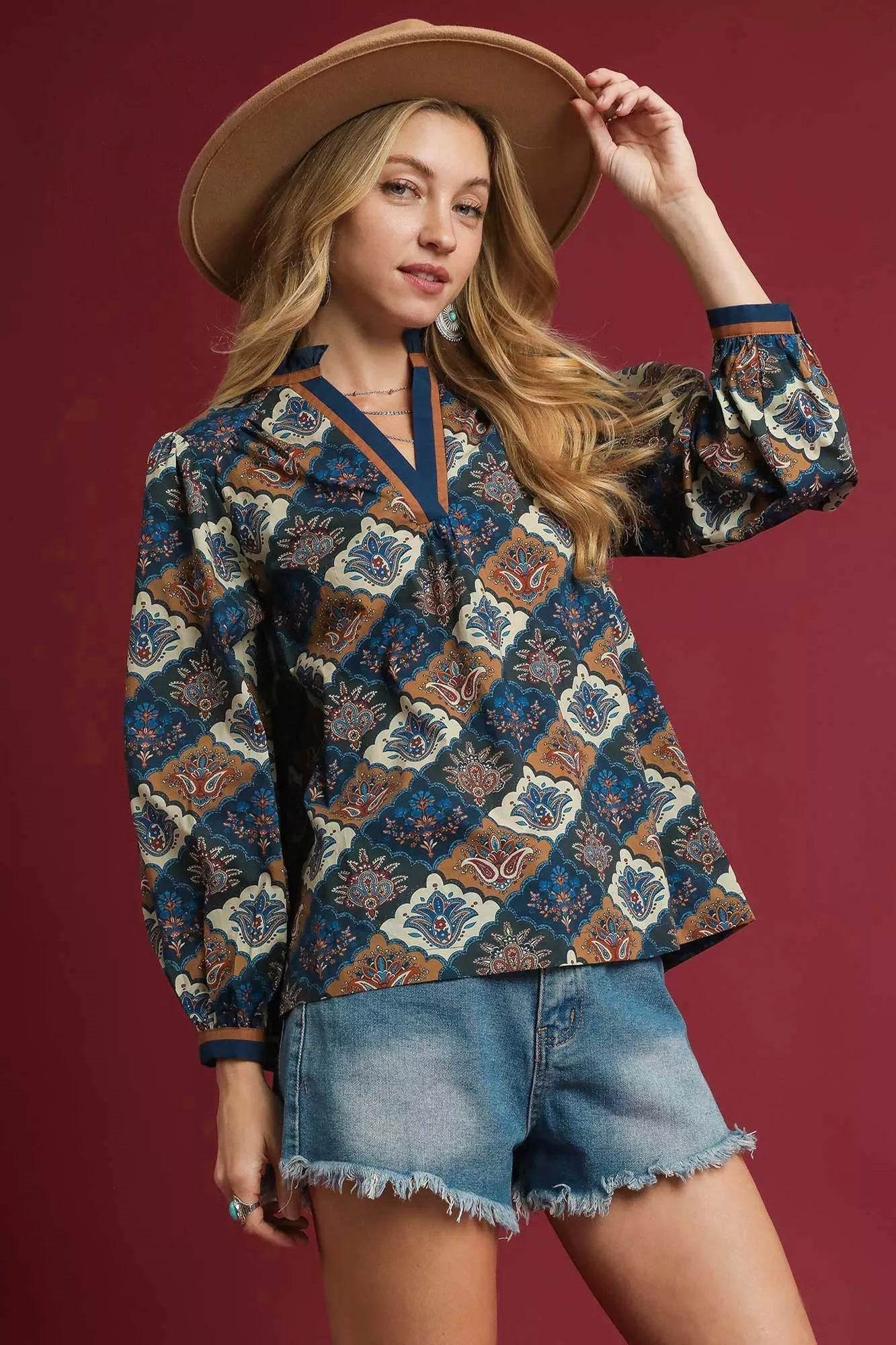 Umgee Abstract Print Ruffle Neck Top - ELY VESSA LLC