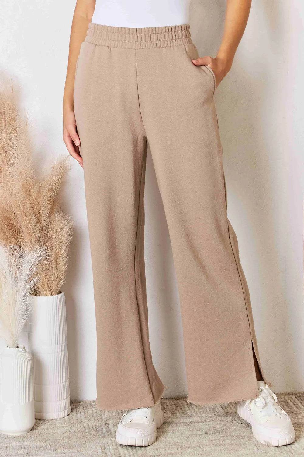 RISEN Wide Waistband Slit Wide Leg Pants - ELY VESSA LLC
