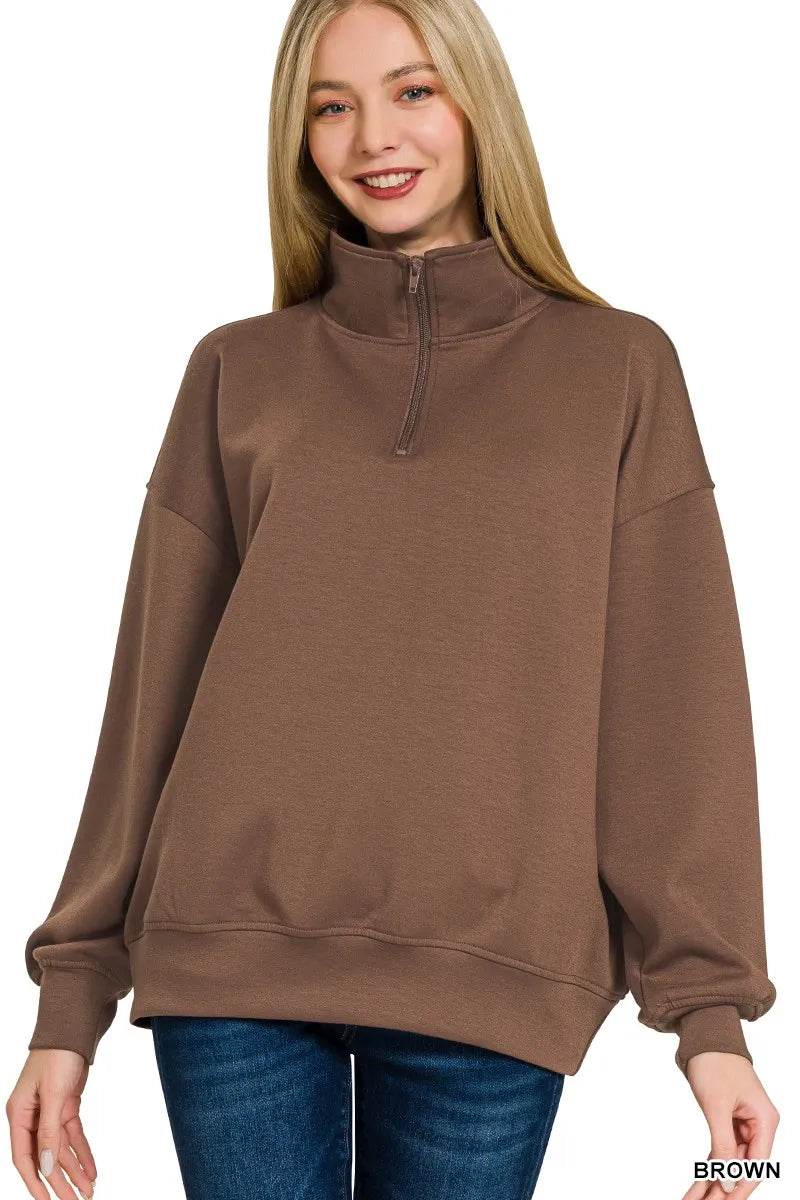 Zenana Scuba Quarter-Zip Sweatshirt - ELY VESSA LLC
