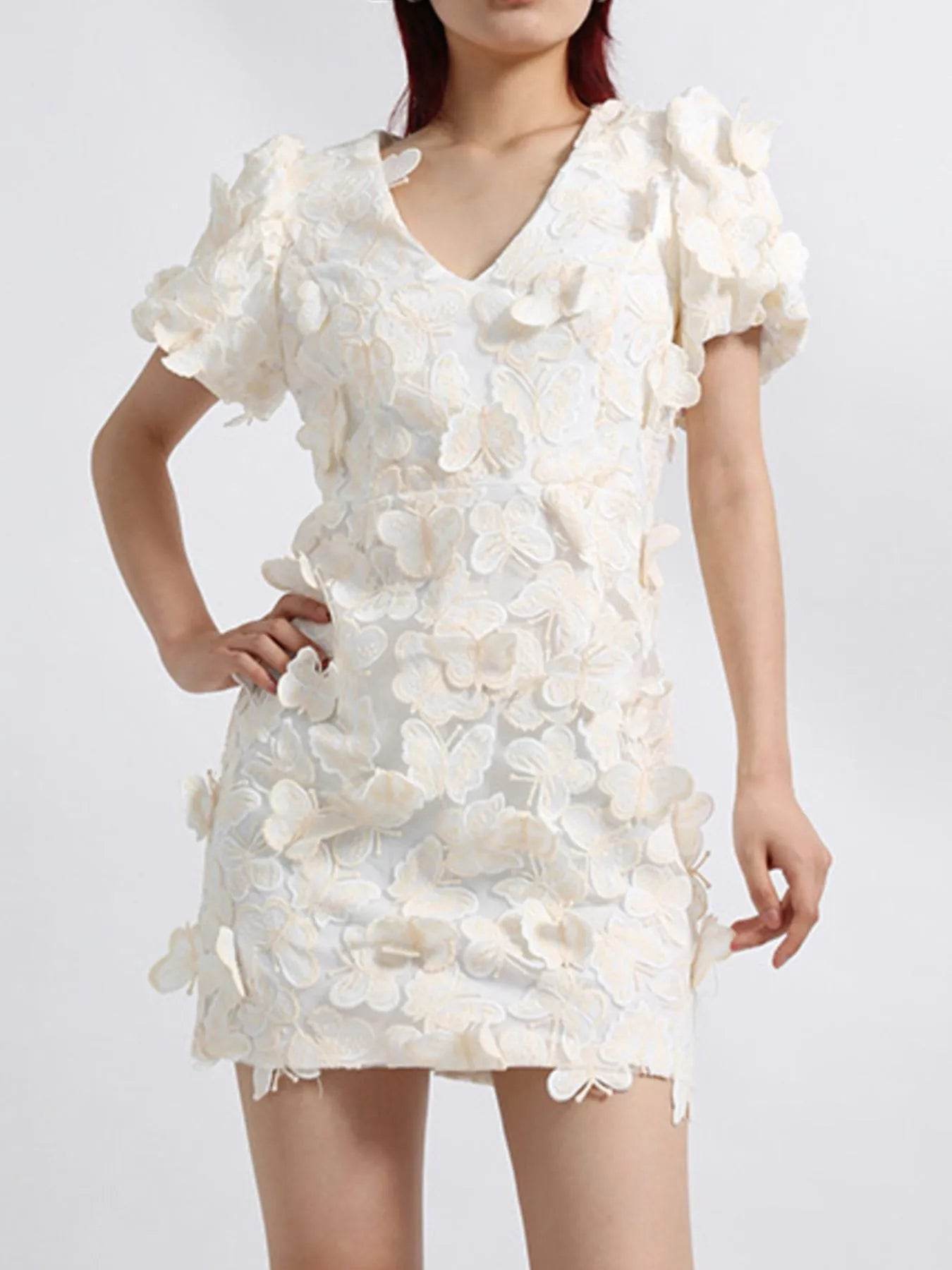 Butterfly V-Neck Puff Sleeve Mini Dress - ELY VESSA LLC