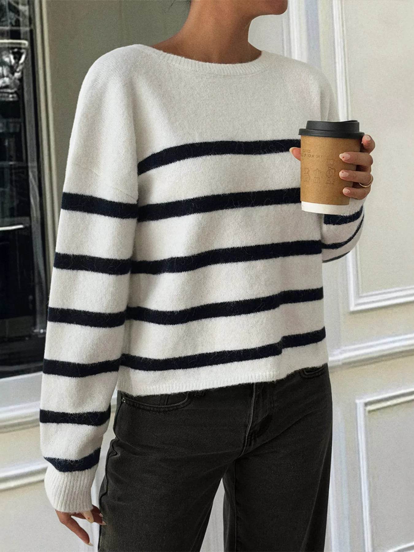 Striped Round Neck Long Sleeve Knit Top - ELY VESSA LLC