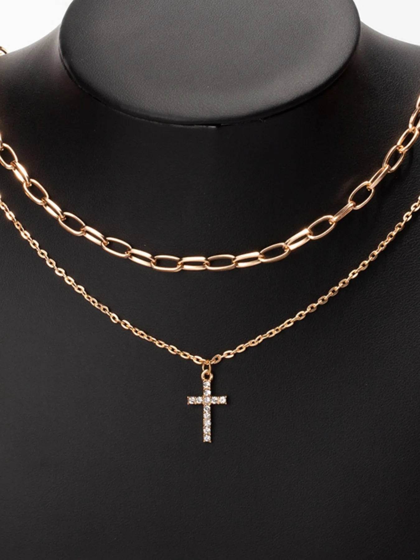 Double Layered Inlaid Zircon Cross Pendant Necklace - ELY VESSA LLC