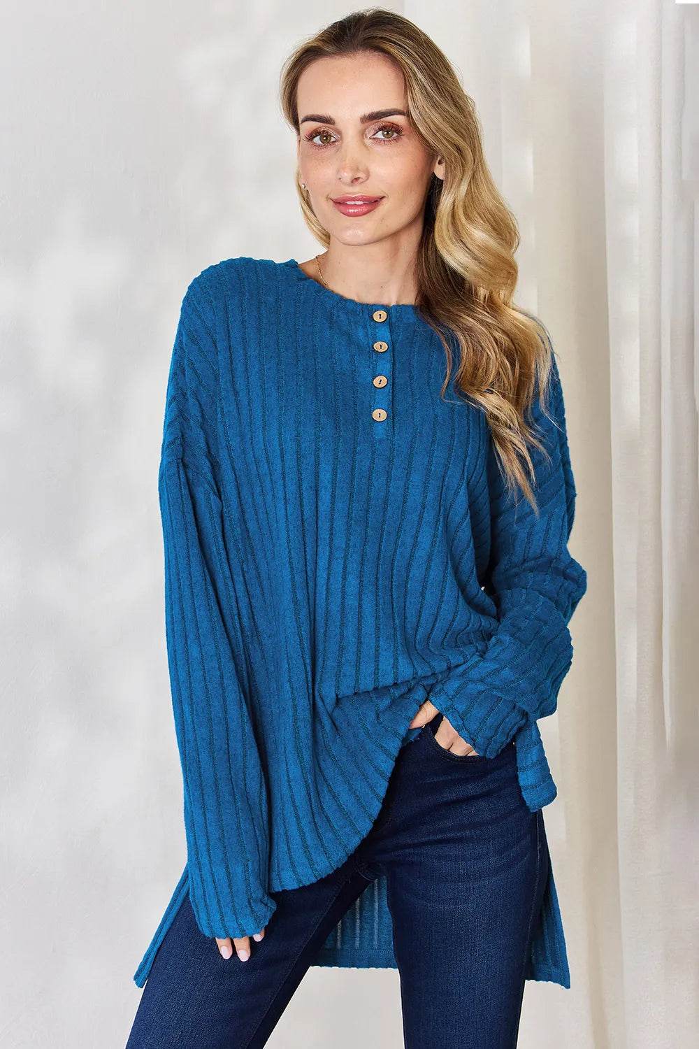 Basic Bae Full Size Ribbed Half Button Long Sleeve High-Low T-Shirt - ELY VESSA LLC