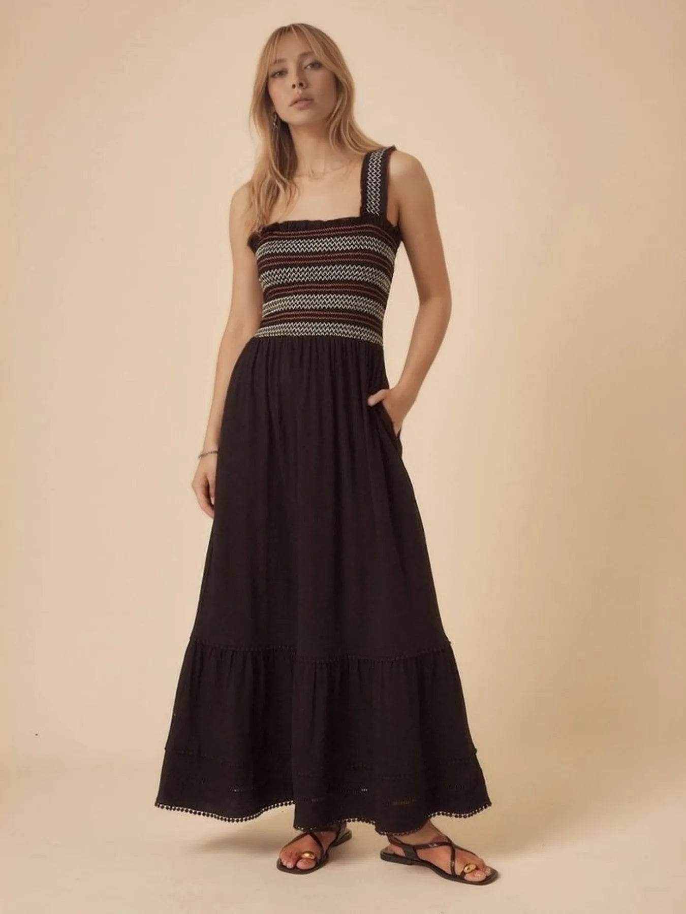 Tiered Square Neck Maxi Dress - ELY VESSA LLC