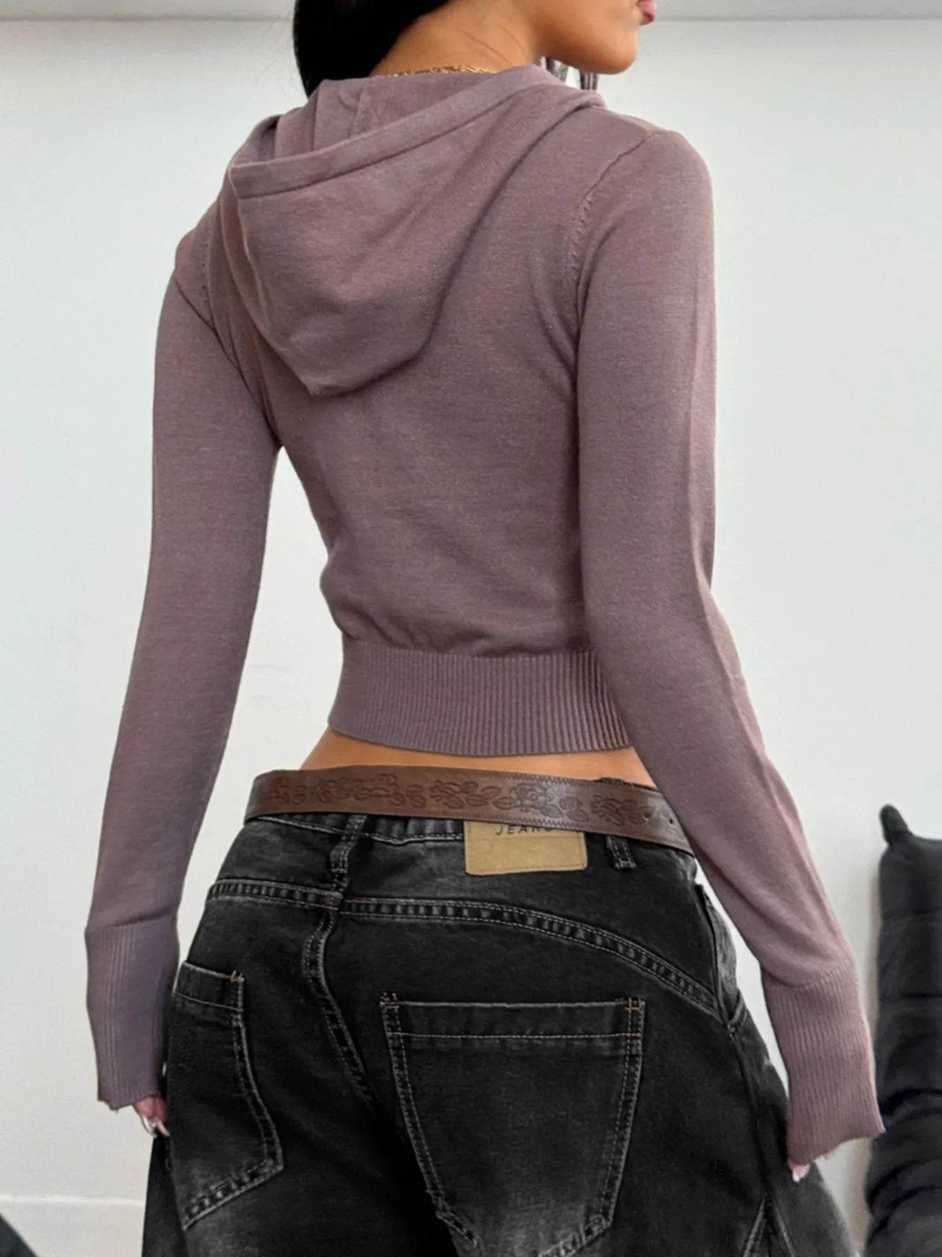Drawstring Zip-Up Hooded Cardigan - ELY VESSA LLC