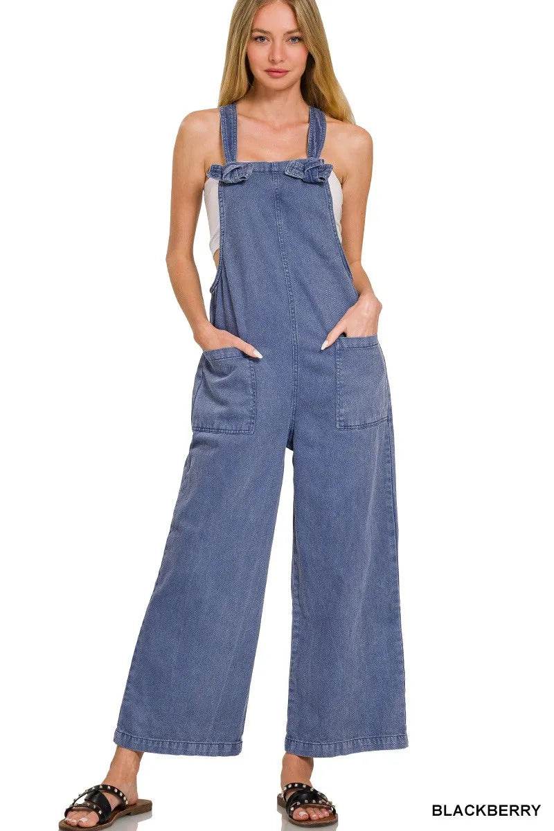 Zenana Washed Knot Strap Pockets Jumpsuit - ELY VESSA LLC