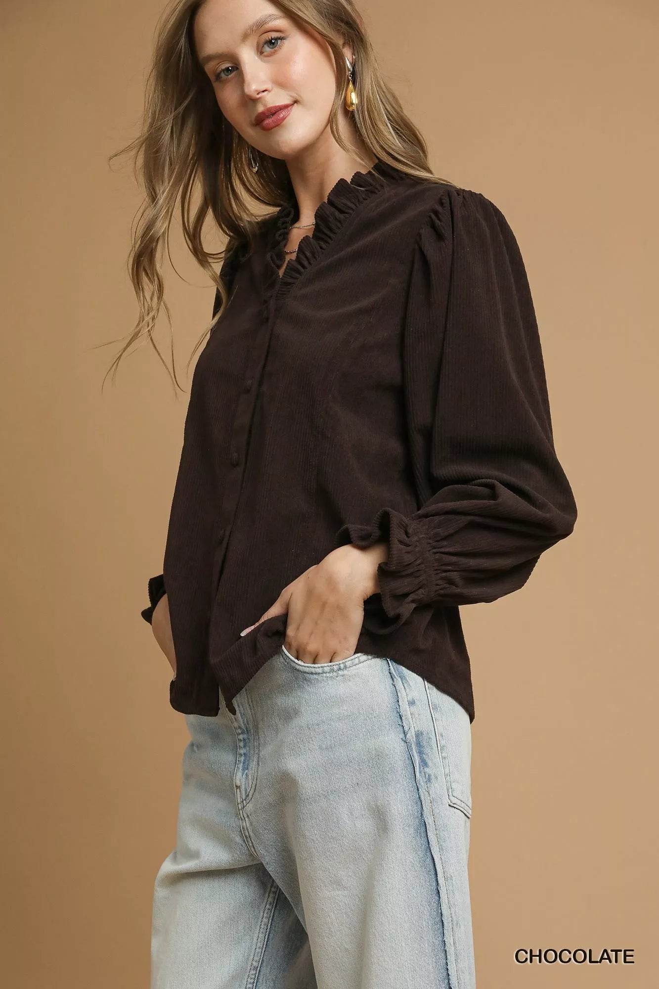 Umgee Corduroy Ruffle Shirt with Long Puff Sleeves - ELY VESSA LLC