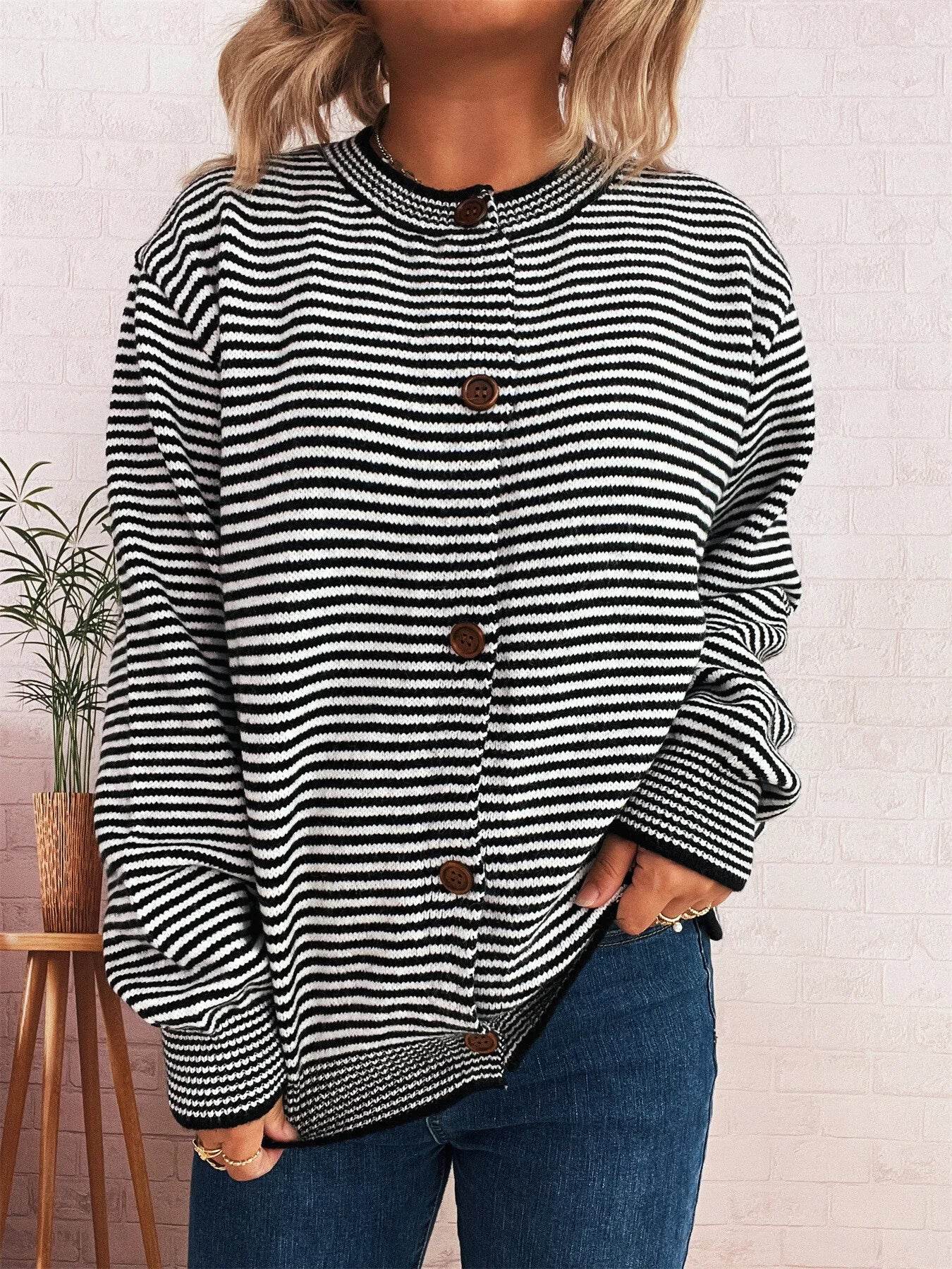 Striped Button Up Long Sleeve Cardigan - ELY VESSA LLC