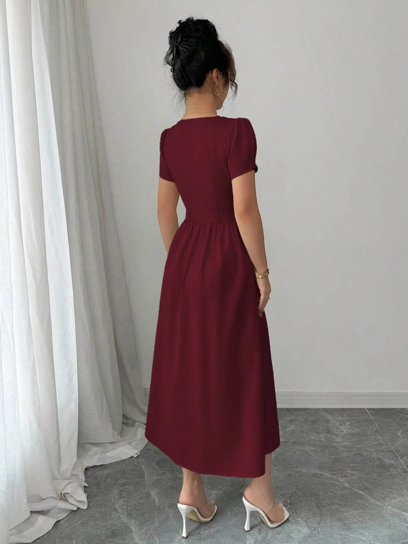 Square Neck Puff Sleeve Midi Dress - ELY VESSA LLC