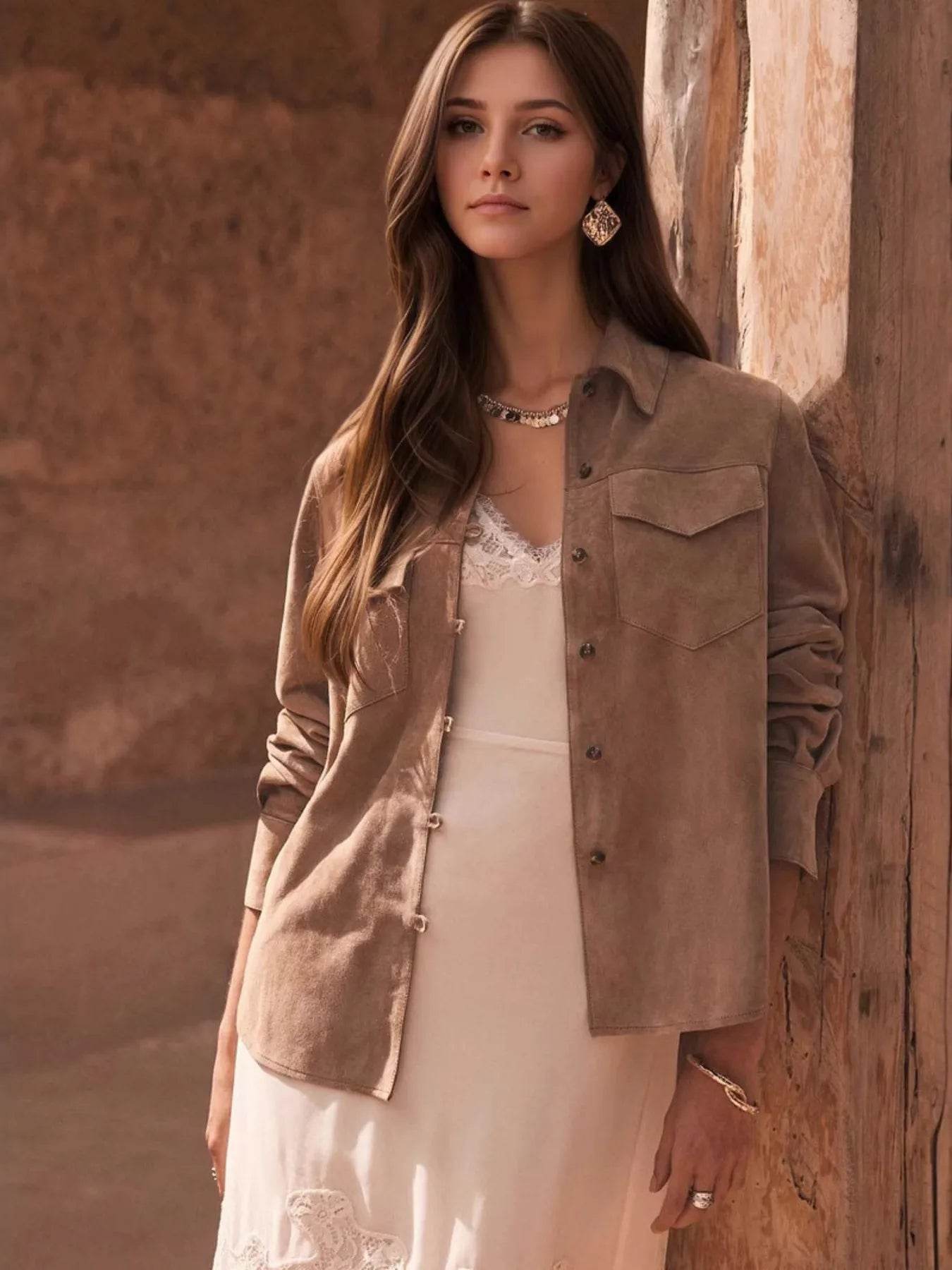 Button Front Long Sleeve Jacket - ELY VESSA LLC