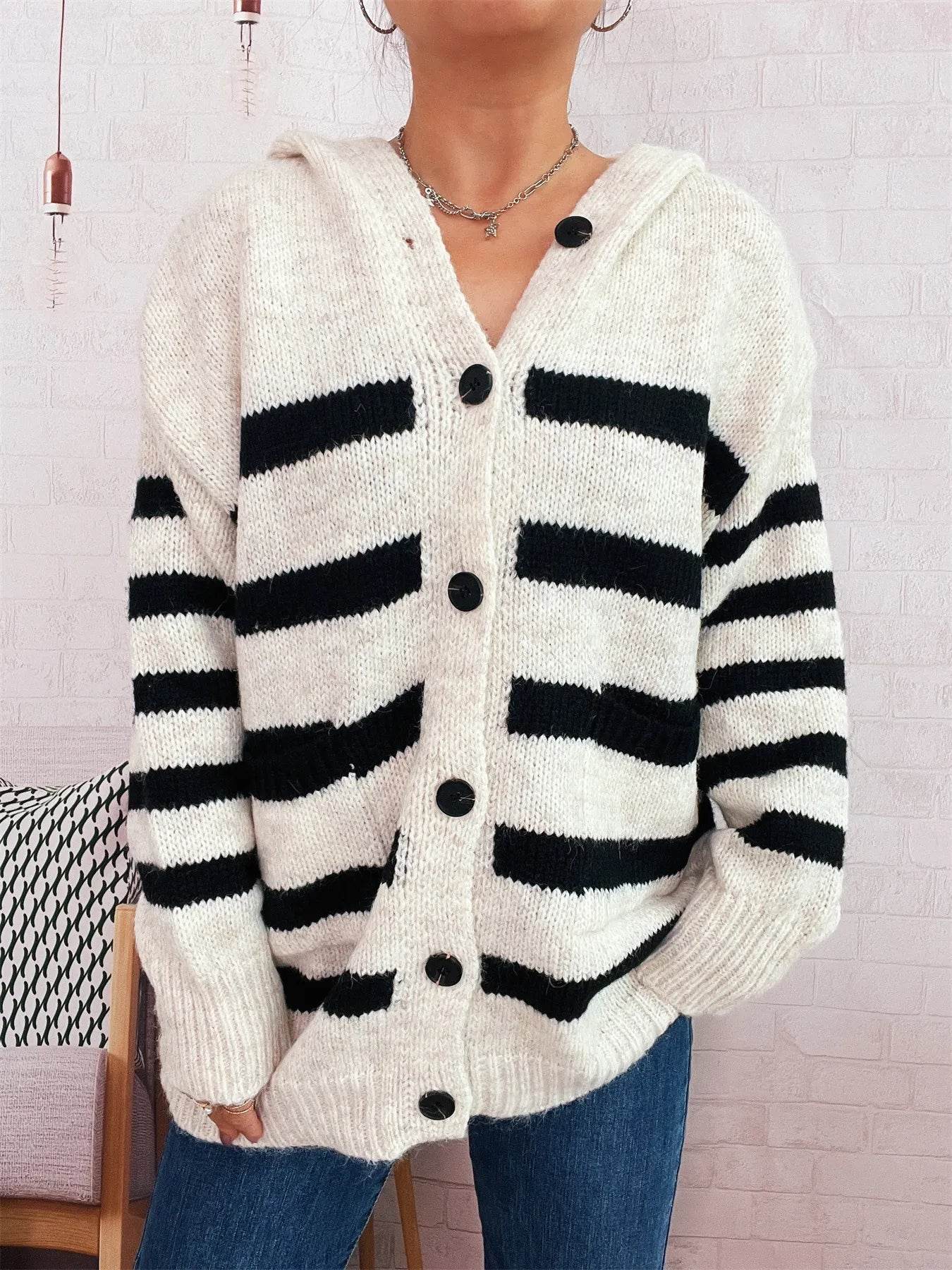 Striped Button-Up Hooded Cardigan - ELY VESSA LLC