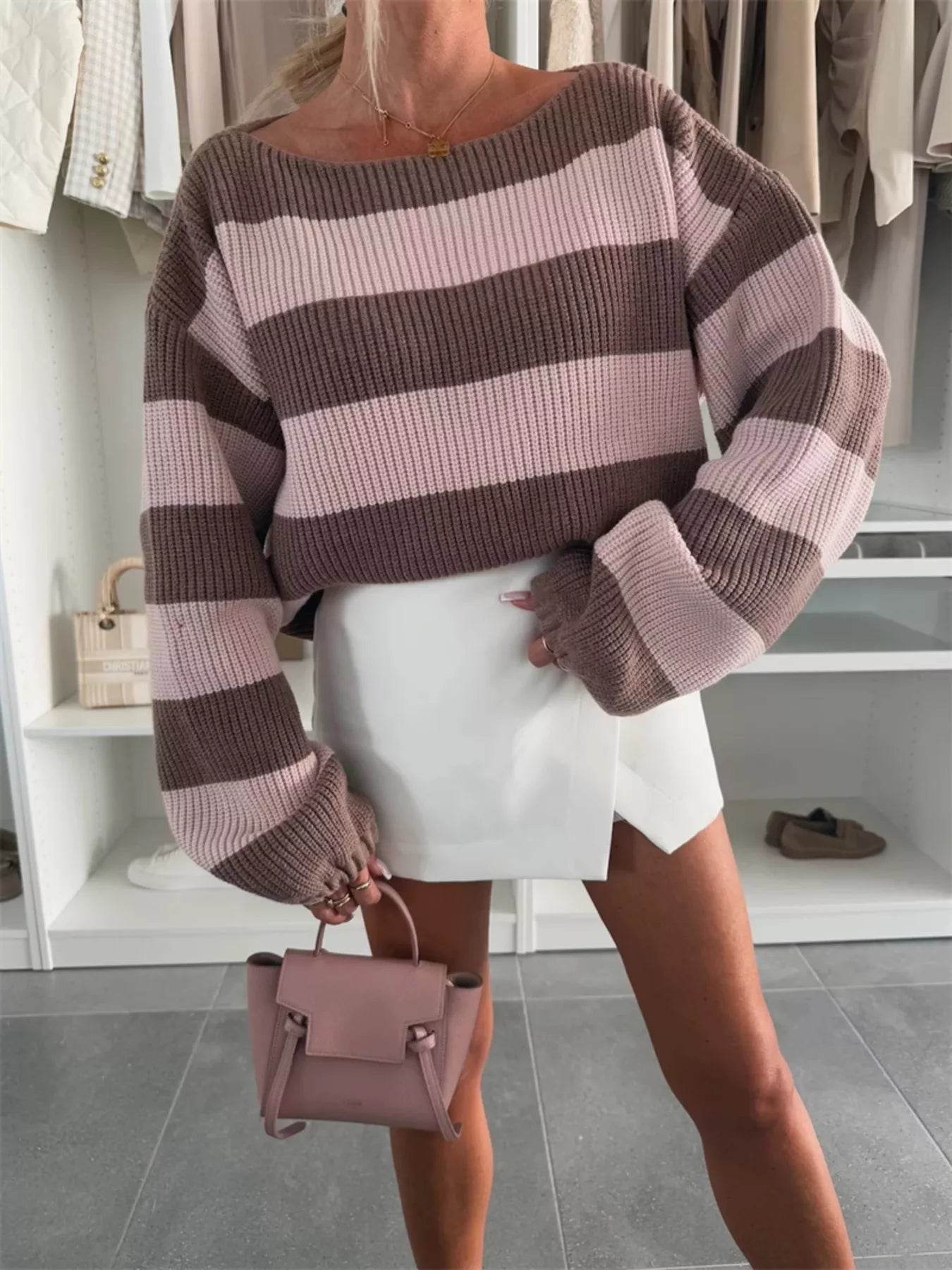 Contrast Striped Long Sleeve Sweater - ELY VESSA LLC