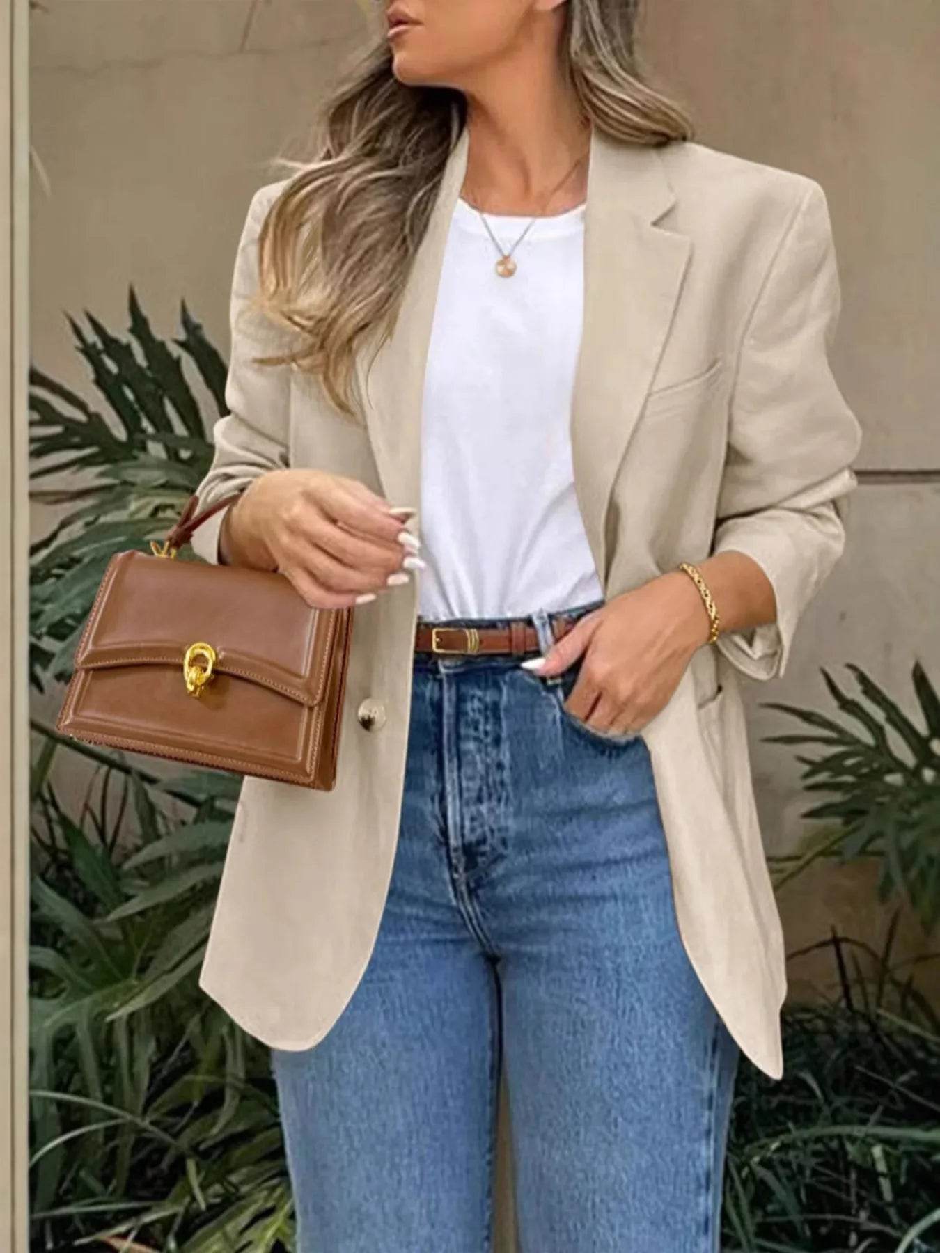 Pocketed Lapel Collar Long Sleeve Blazer - ELY VESSA LLC