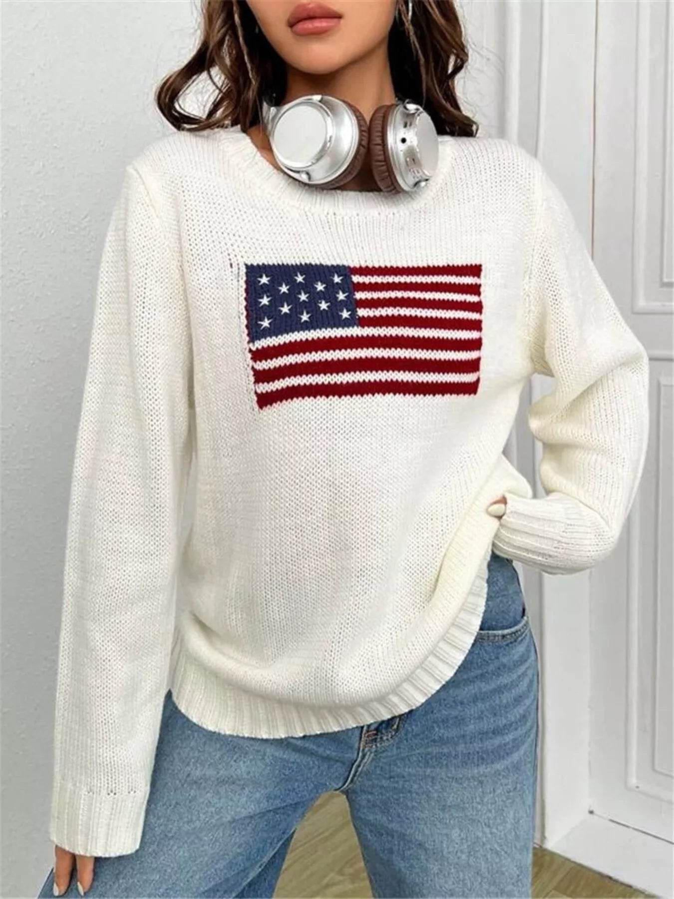 US Flag Round Neck Long Sleeve Sweater - ELY VESSA LLC