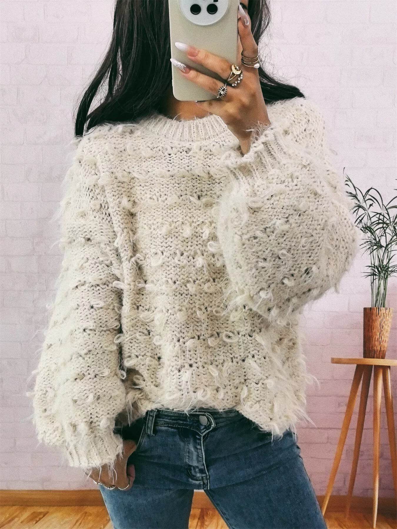 Chunky Round Neck Long Sleeve Sweater - ELY VESSA LLC