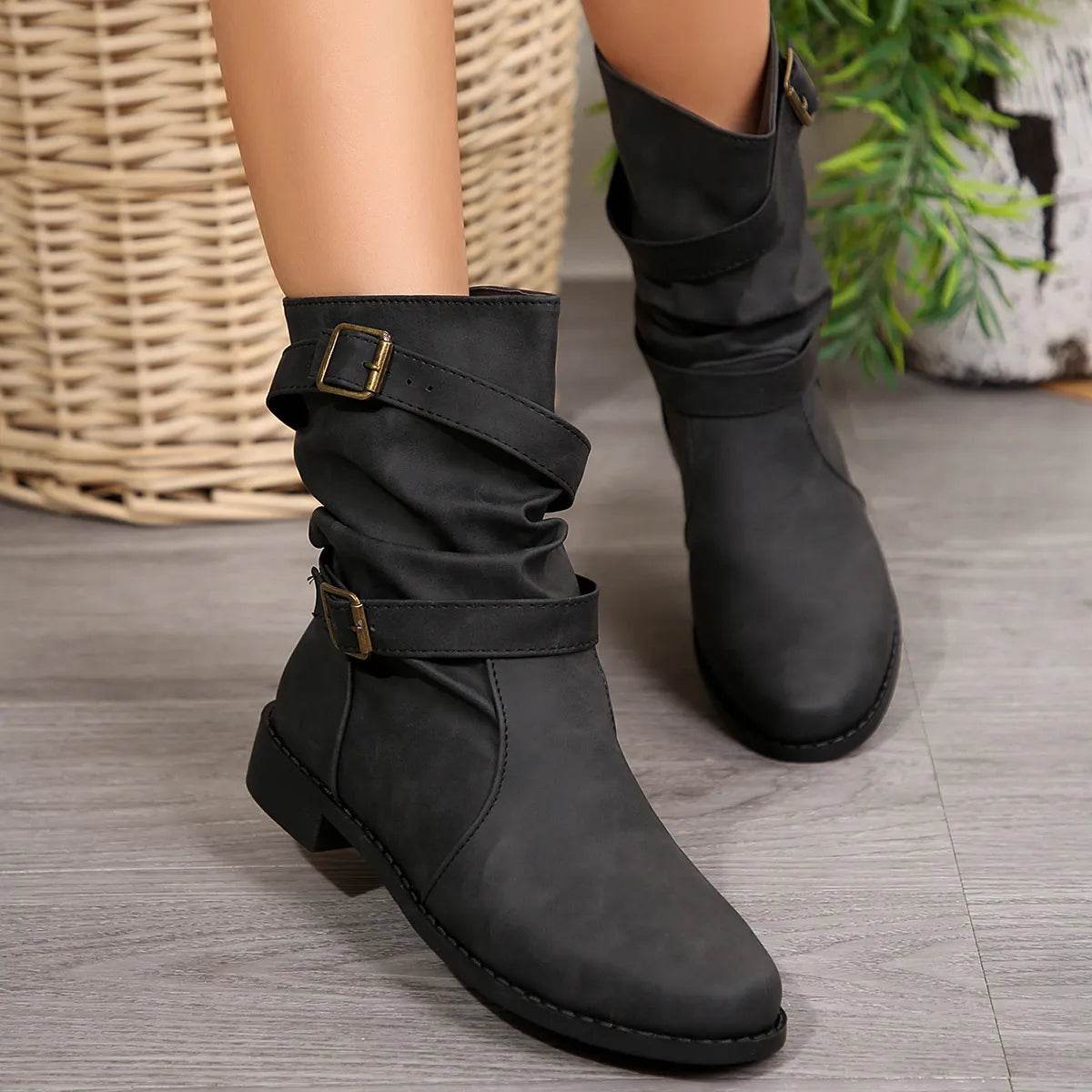 Mid-Calf Buckle Strap Boots - ELY VESSA LLC