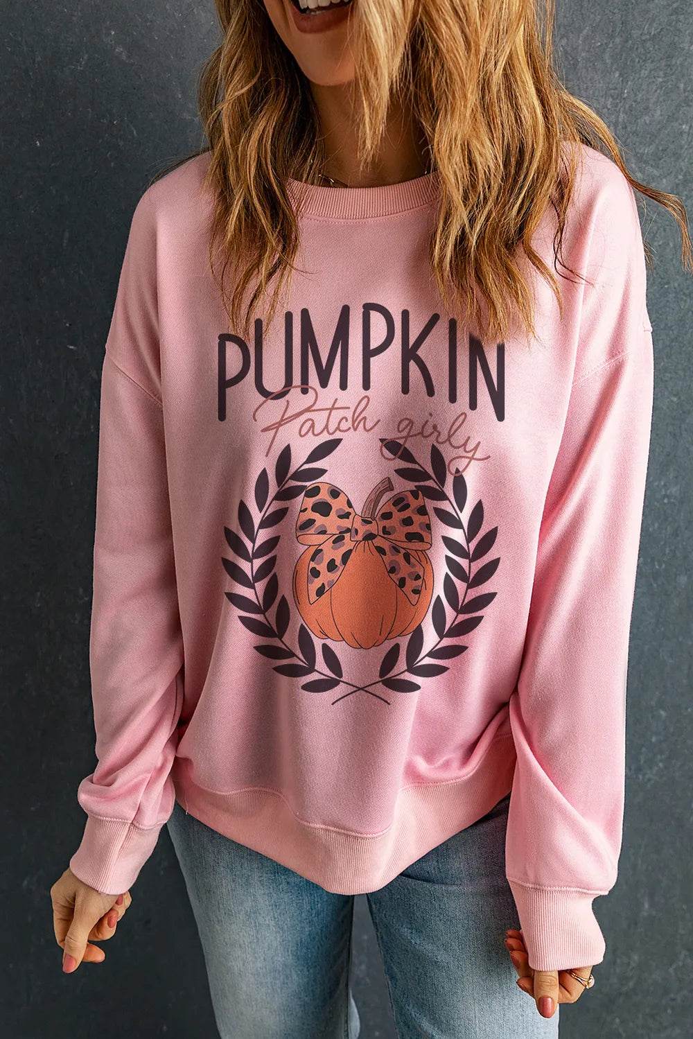 Pumpkin Round Neck Long Sleeve Sweatshirt - ELY VESSA LLC
